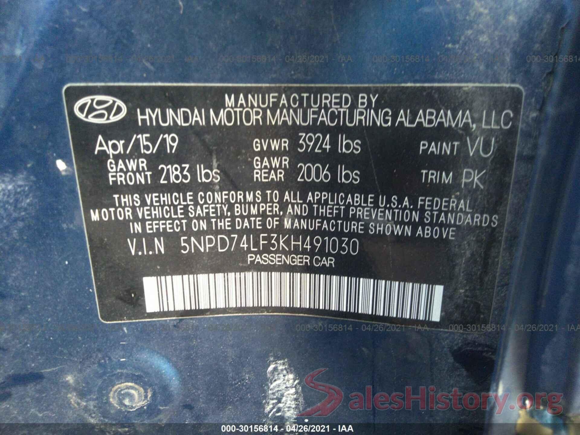 5NPD74LF3KH491030 2019 HYUNDAI ELANTRA