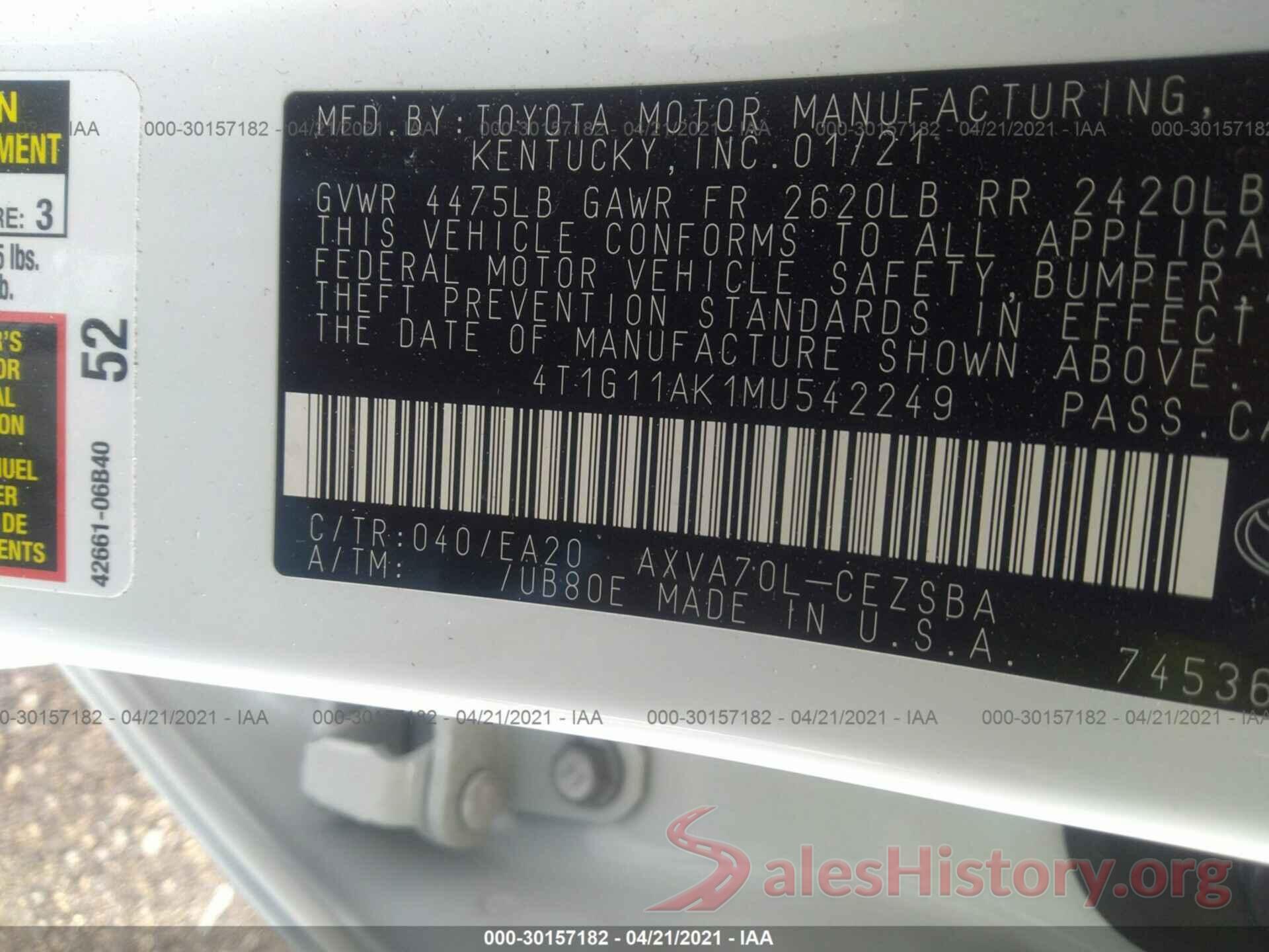 4T1G11AK1MU542249 2021 TOYOTA CAMRY