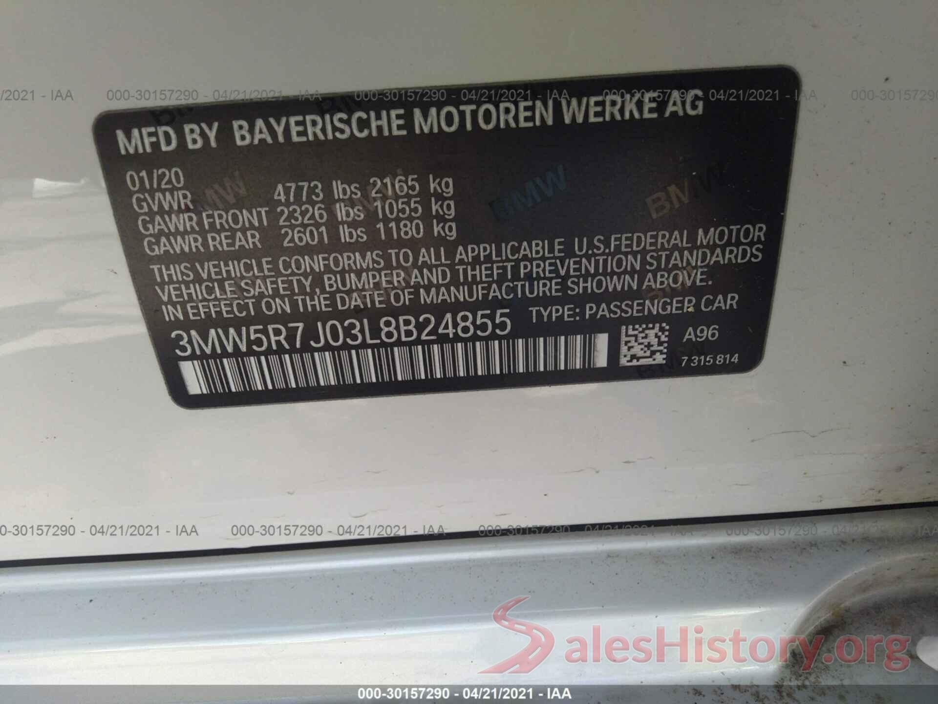 3MW5R7J03L8B24855 2020 BMW 3 SERIES