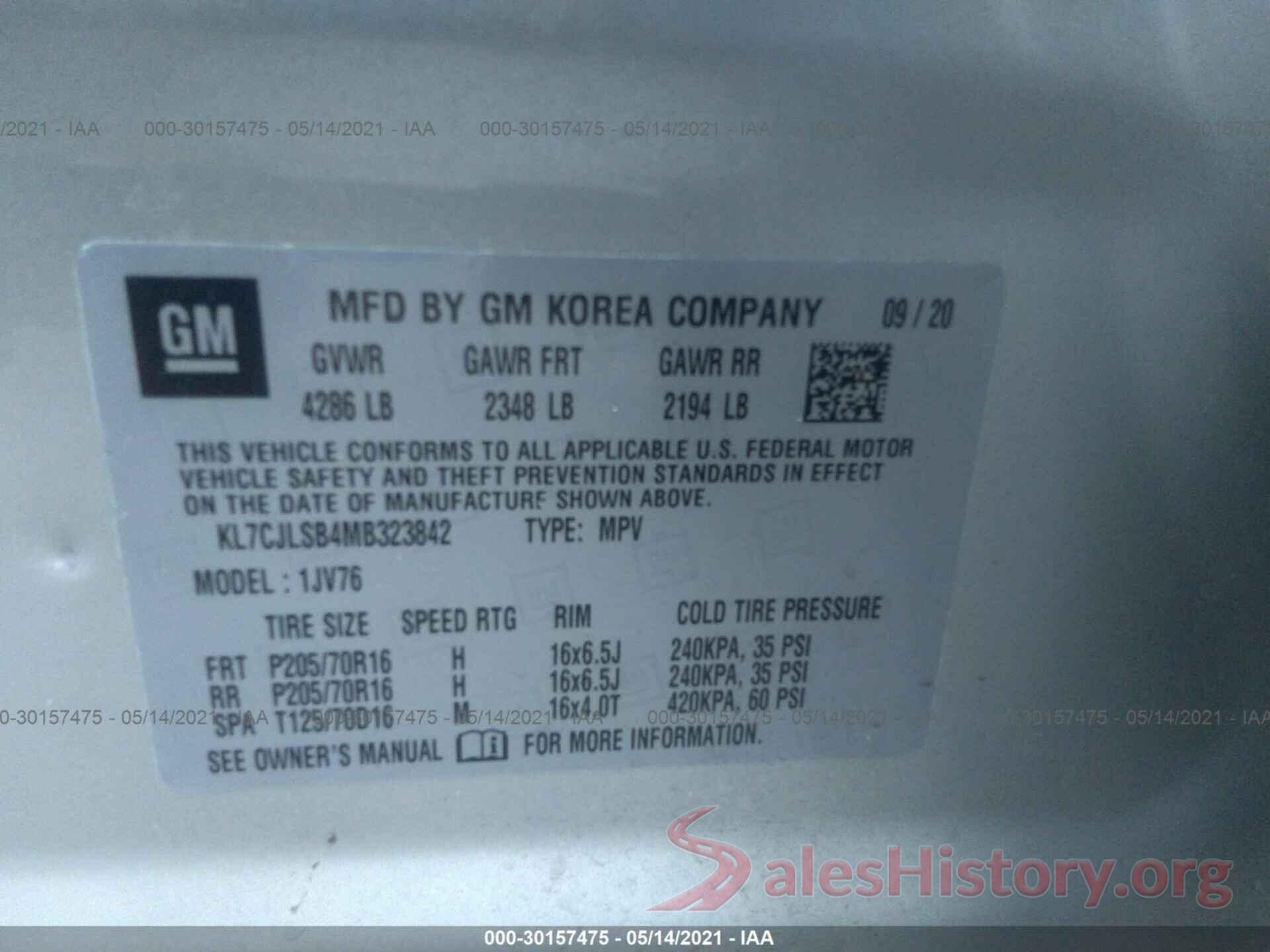 KL7CJLSB4MB323842 2021 CHEVROLET TRAX