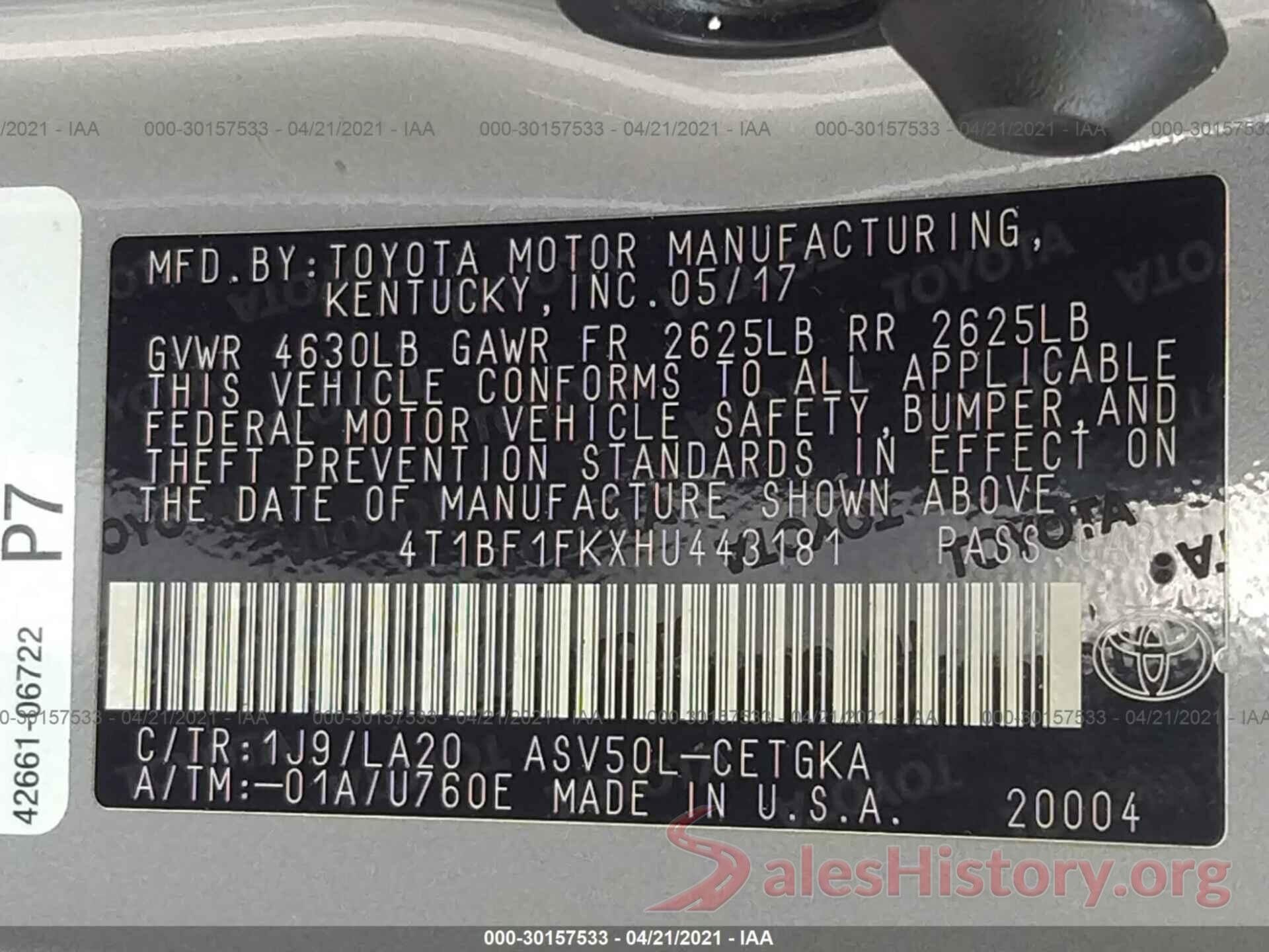 4T1BF1FKXHU443181 2017 TOYOTA CAMRY