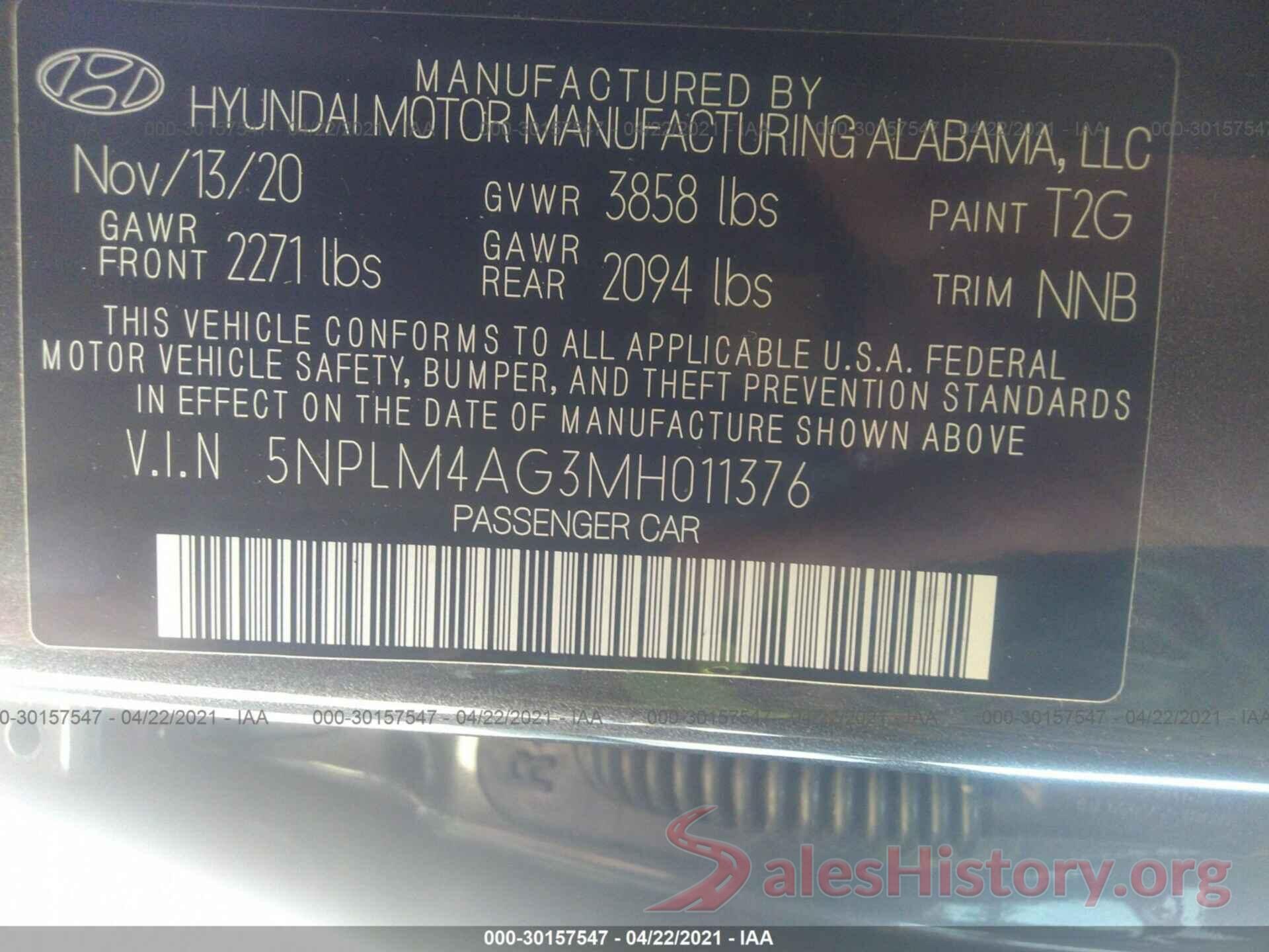 5NPLM4AG3MH011376 2021 HYUNDAI ELANTRA