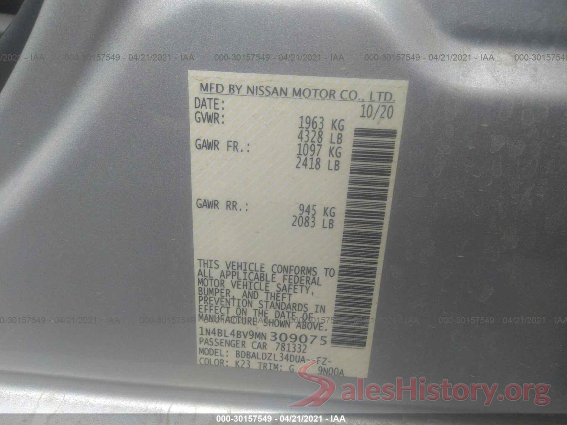 1N4BL4BV9MN309075 2021 NISSAN ALTIMA