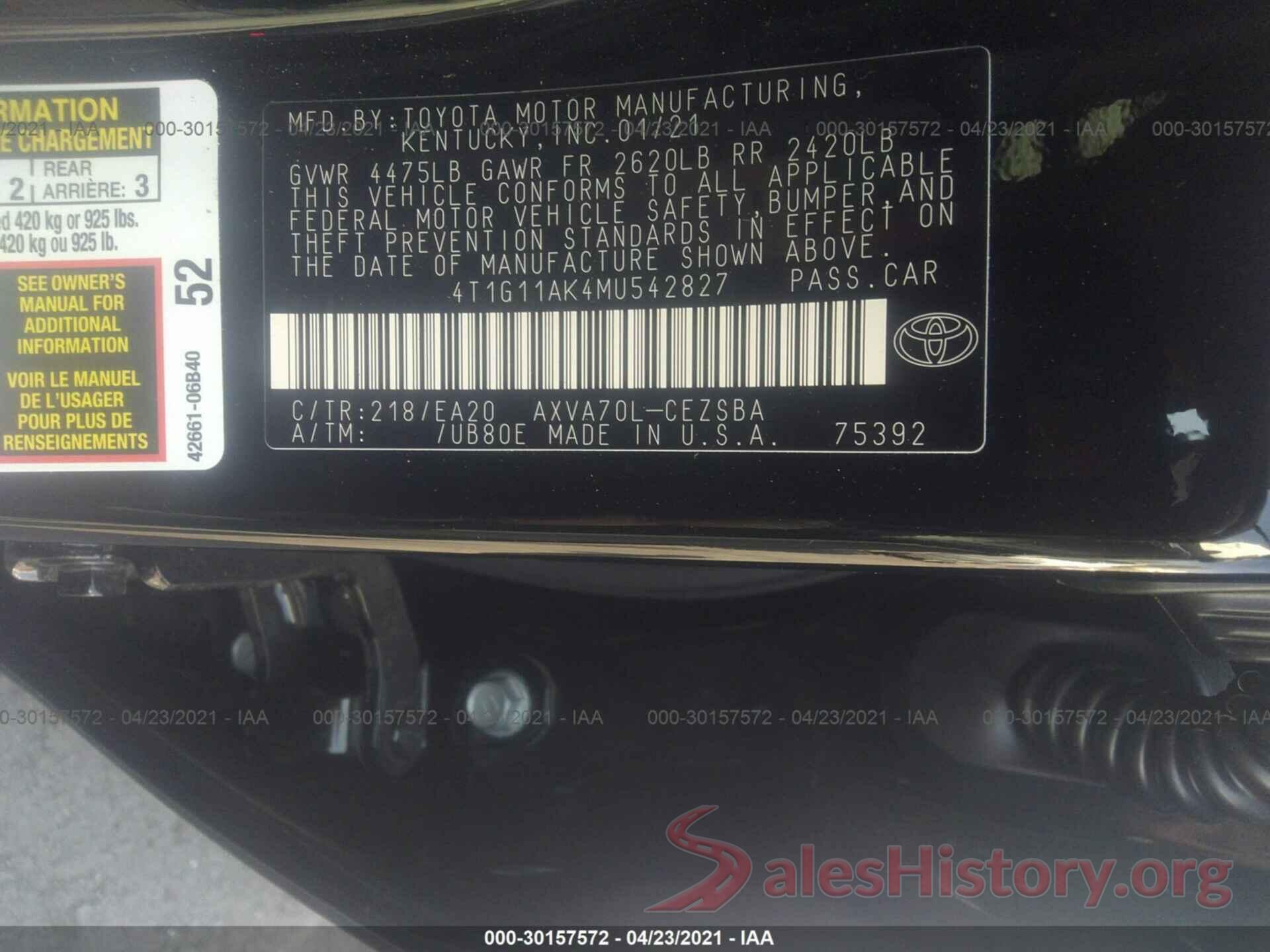 4T1G11AK4MU542827 2021 TOYOTA CAMRY