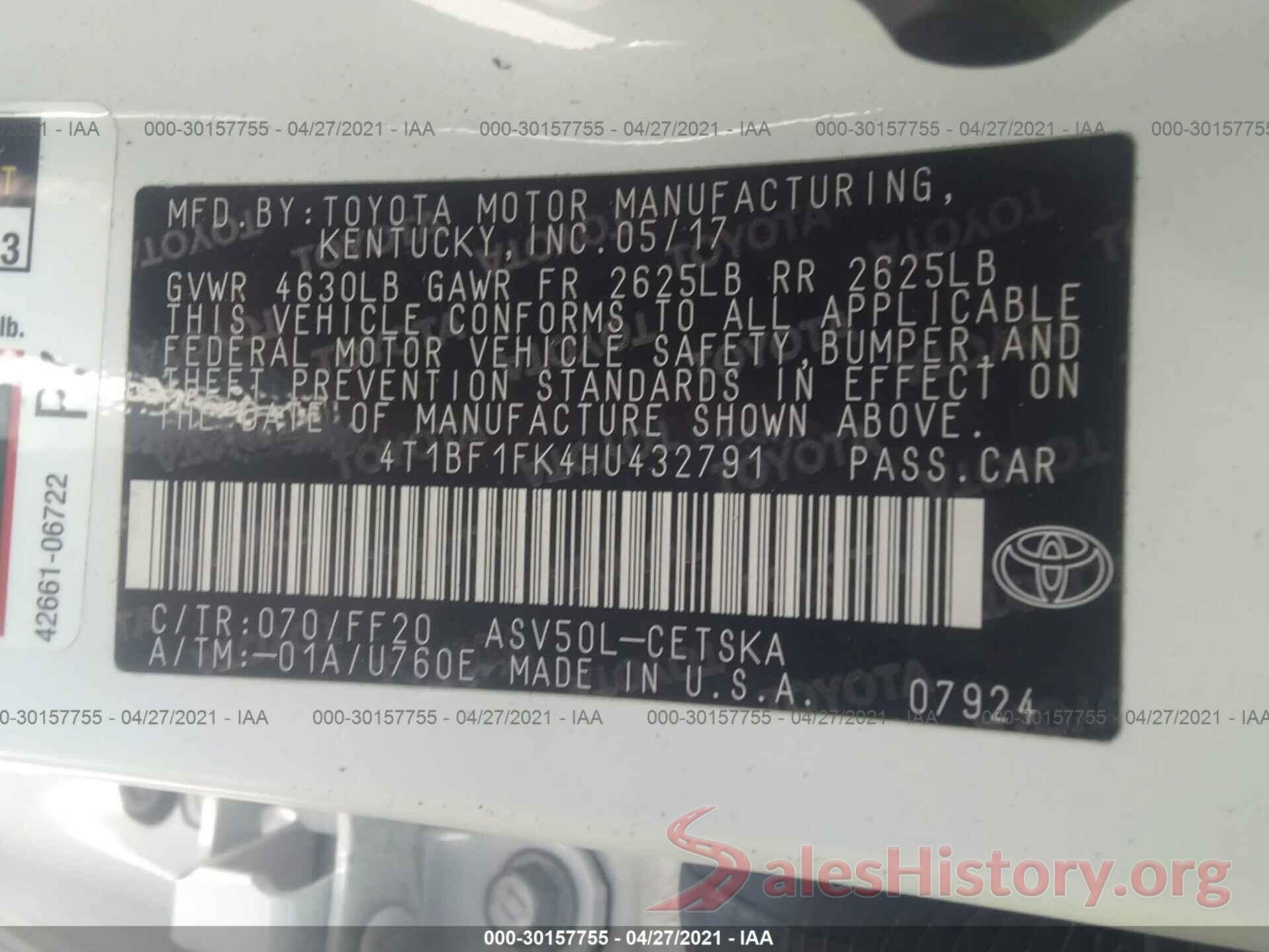 4T1BF1FK4HU432791 2017 TOYOTA CAMRY