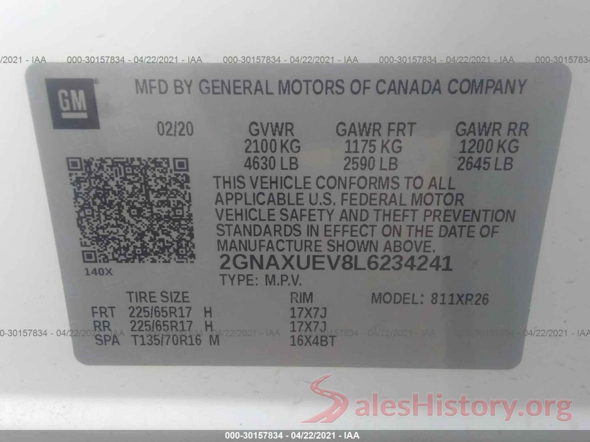 2GNAXUEV8L6234241 2020 CHEVROLET EQUINOX