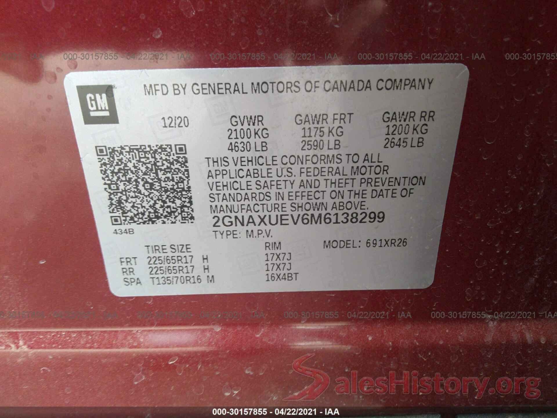 2GNAXUEV6M6138299 2021 CHEVROLET EQUINOX