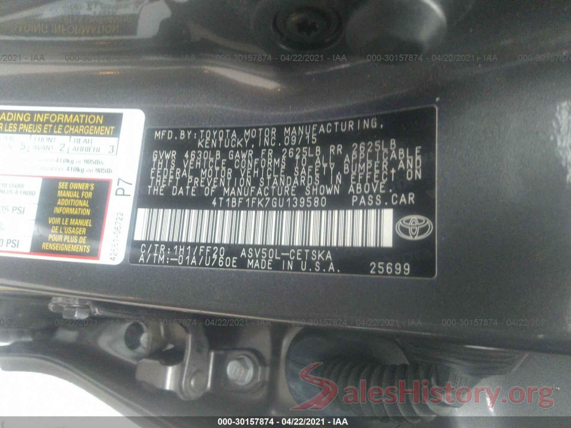 4T1BF1FK7GU139580 2016 TOYOTA CAMRY