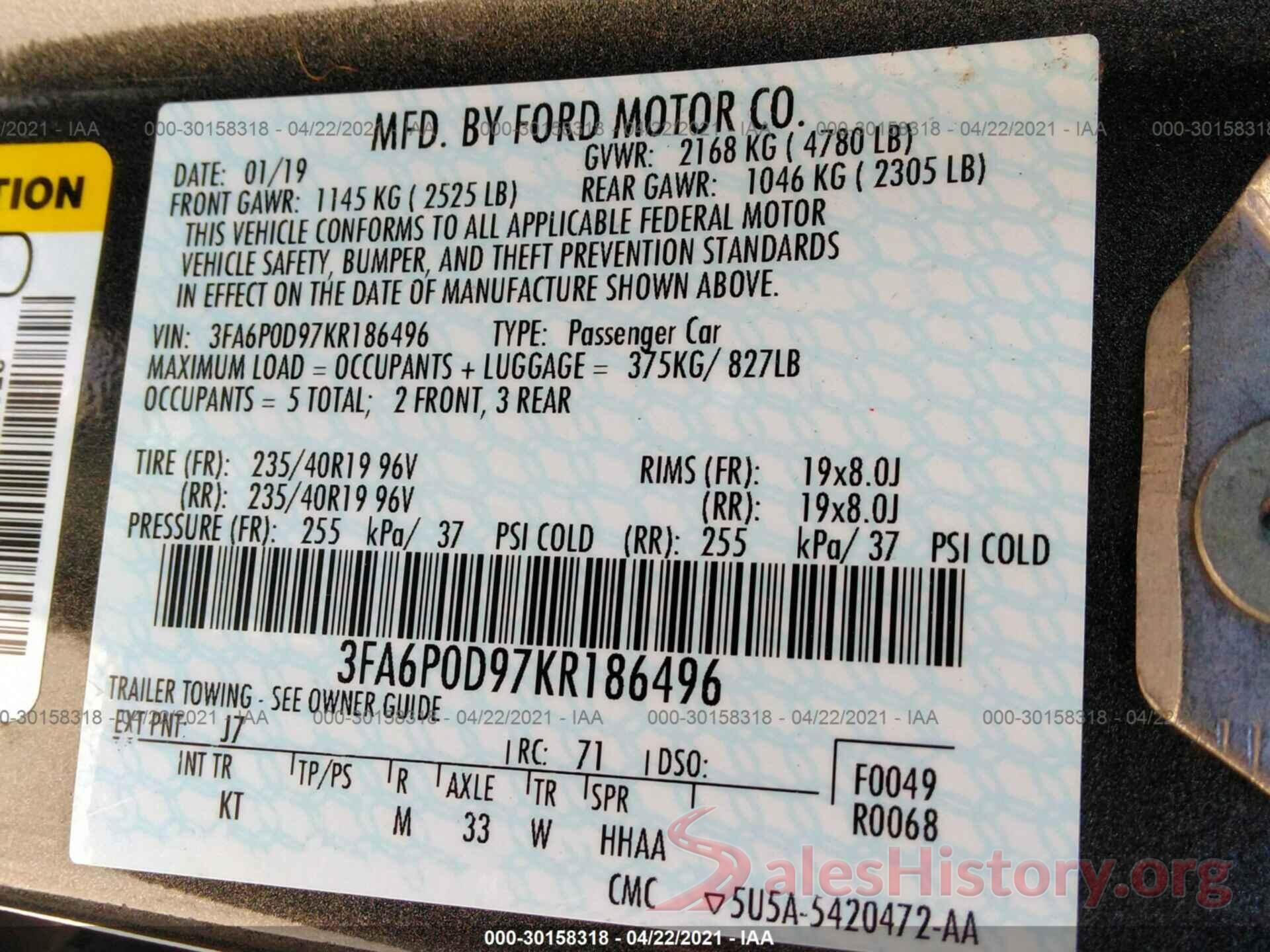 3FA6P0D97KR186496 2019 FORD FUSION