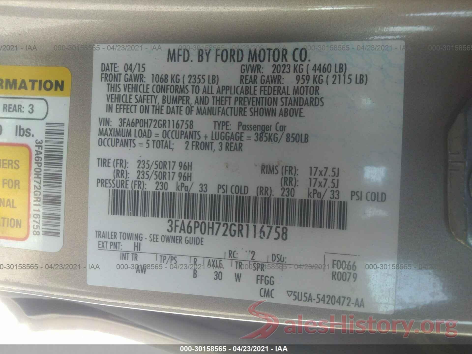 3FA6P0H72GR116758 2016 FORD FUSION