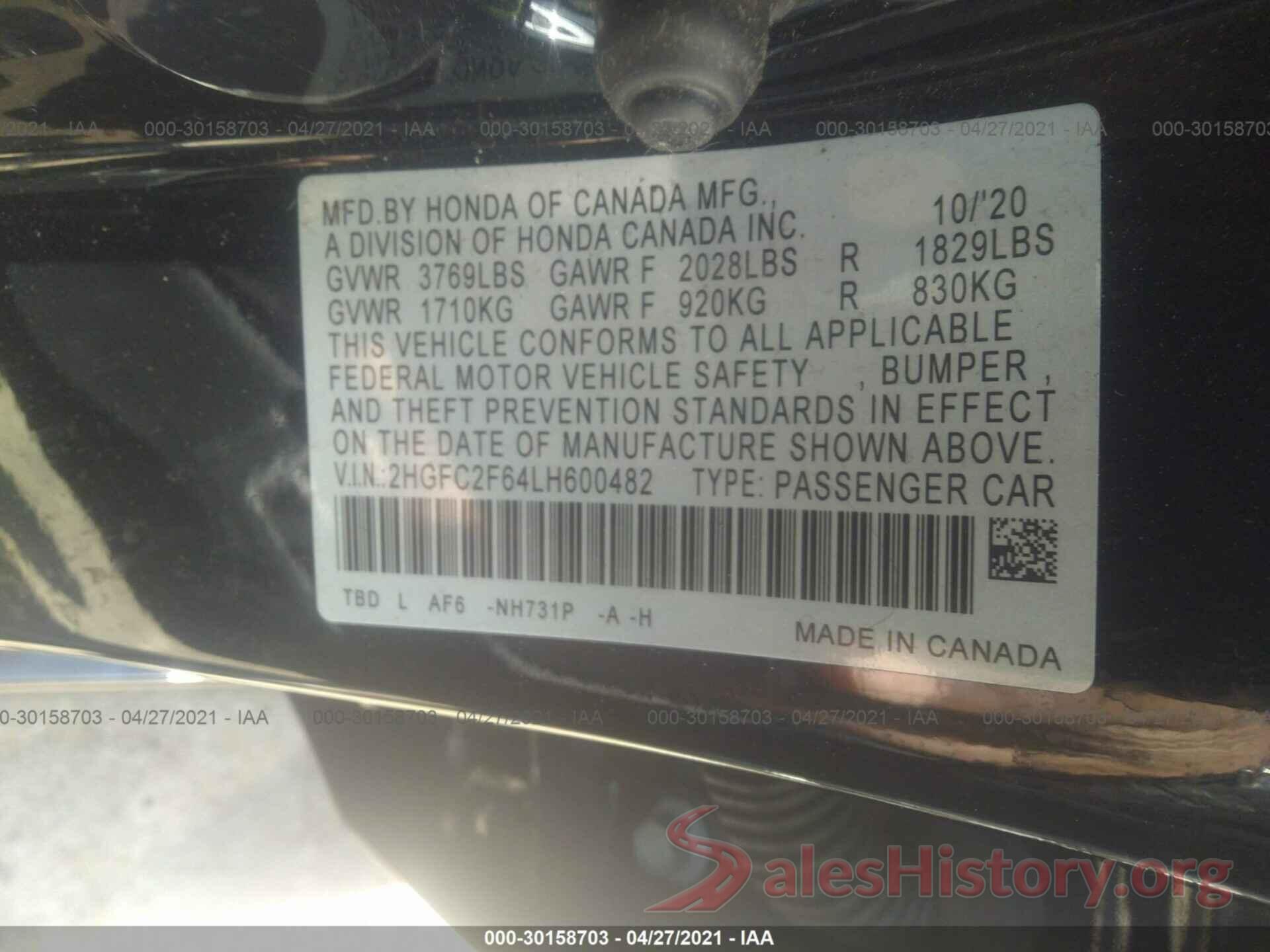 2HGFC2F64LH600482 2020 HONDA CIVIC SEDAN