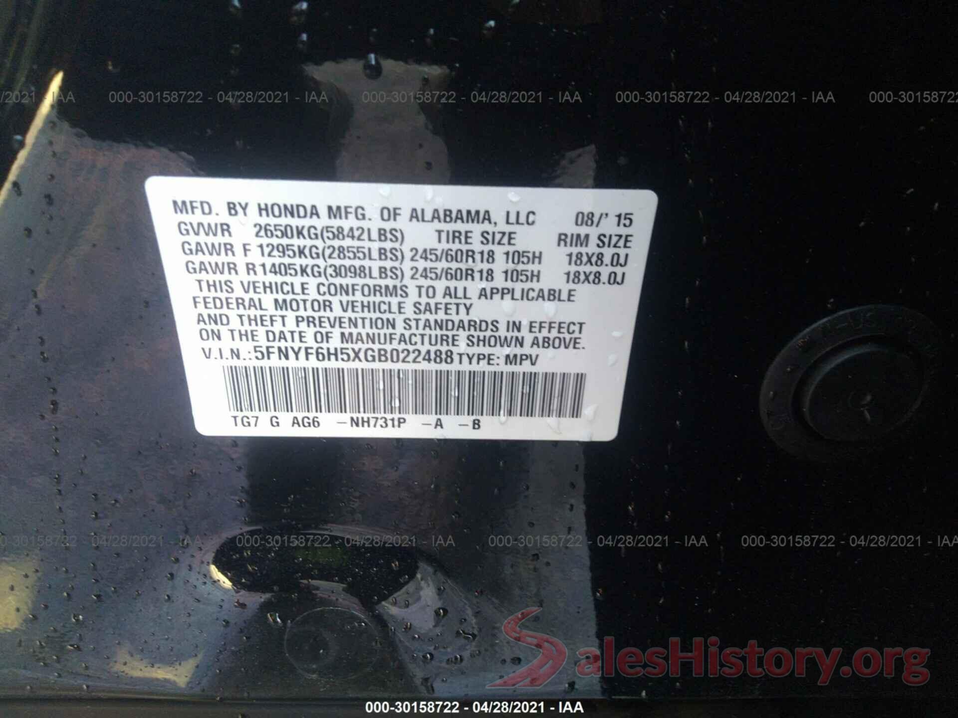 5FNYF6H5XGB022488 2016 HONDA PILOT