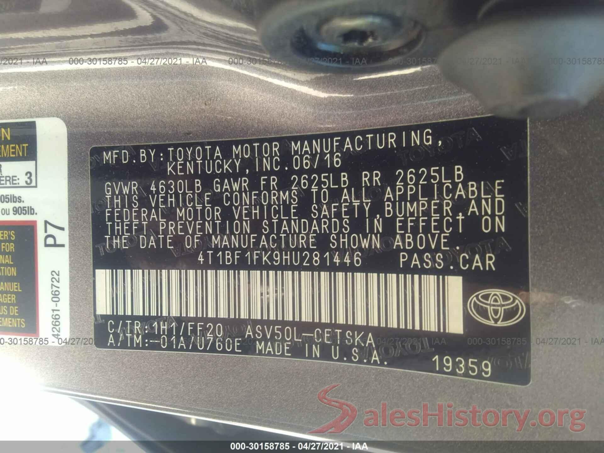 4T1BF1FK9HU281446 2017 TOYOTA CAMRY