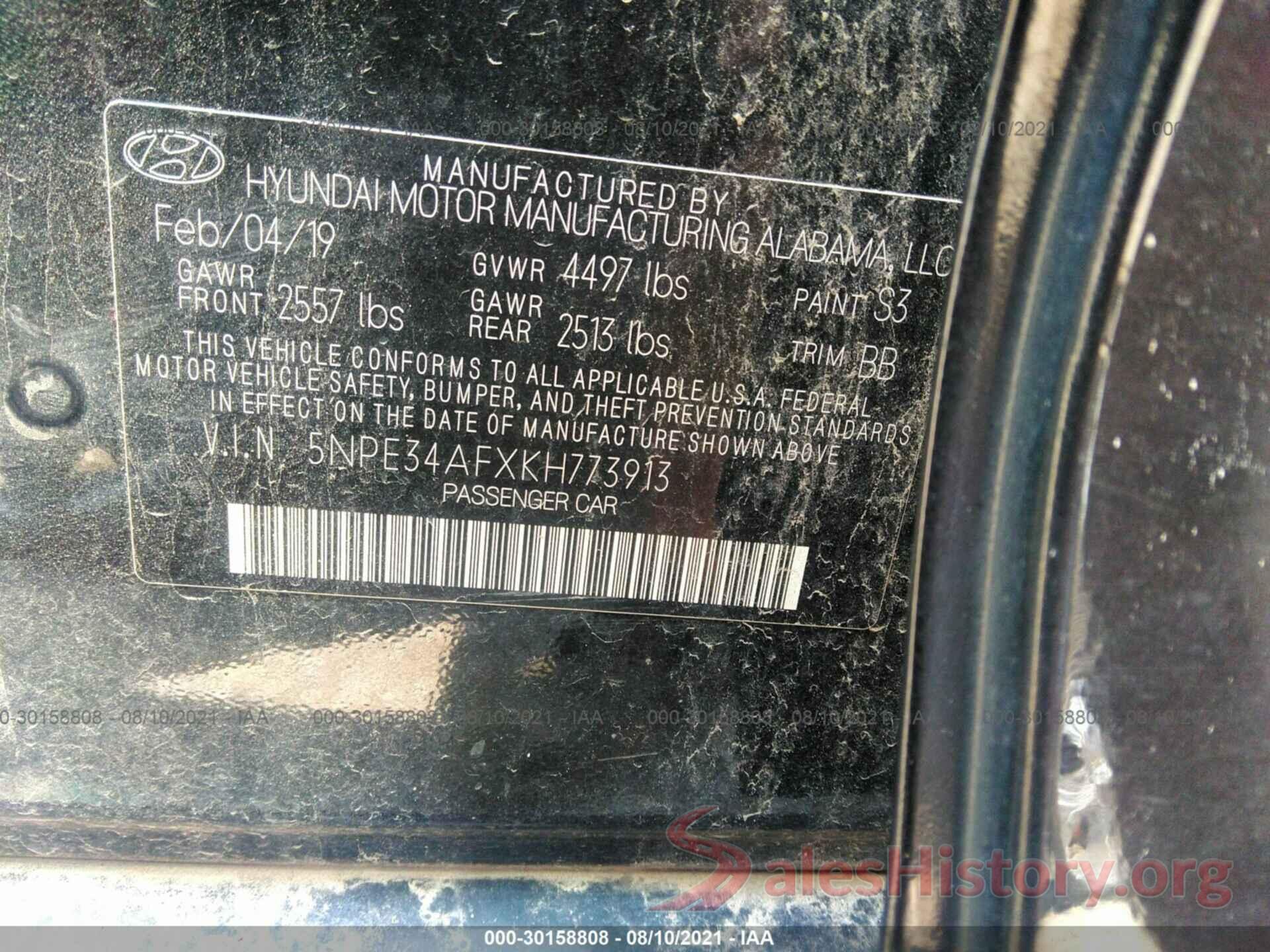 5NPE34AFXKH773913 2019 HYUNDAI SONATA