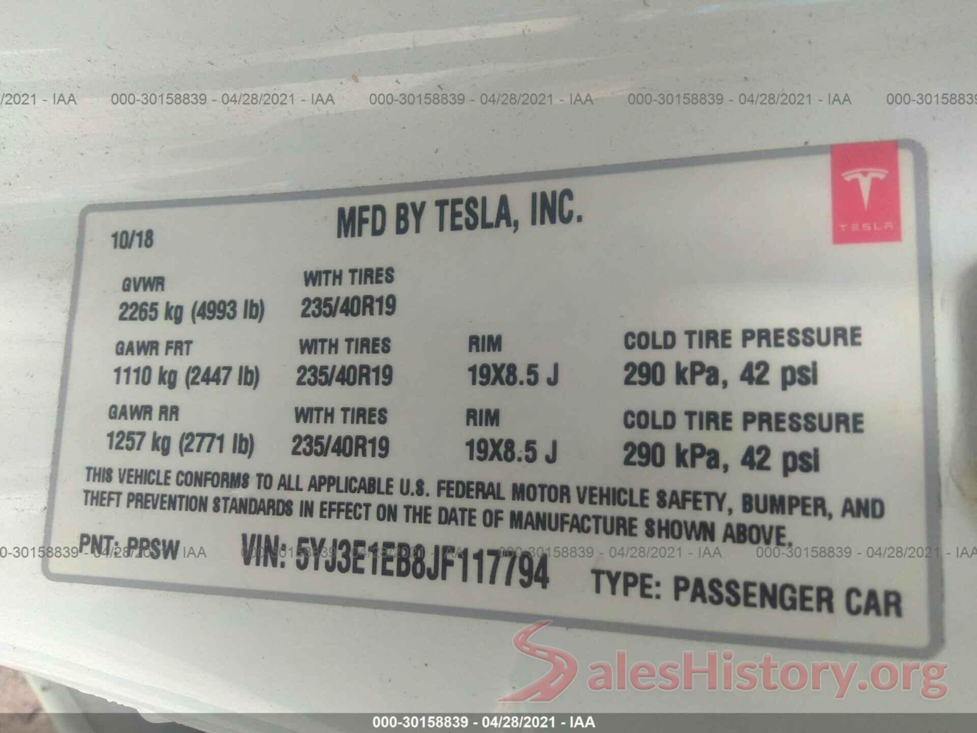 5YJ3E1EB8JF117794 2018 TESLA MODEL 3