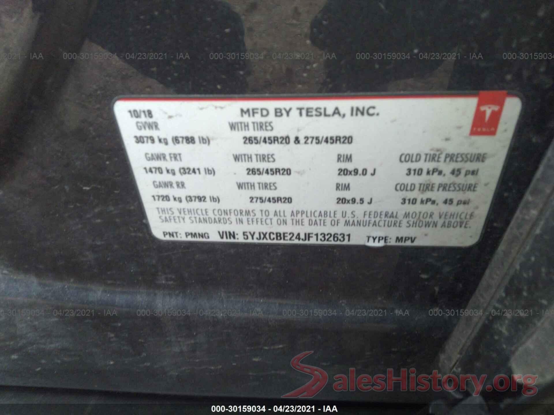 5YJXCBE24JF132631 2018 TESLA MODEL X