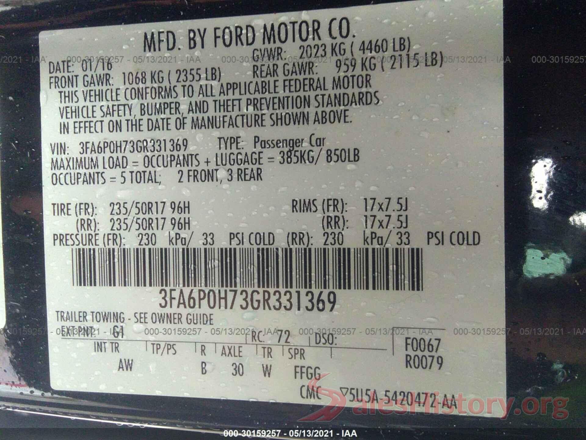 3FA6P0H73GR331369 2016 FORD FUSION