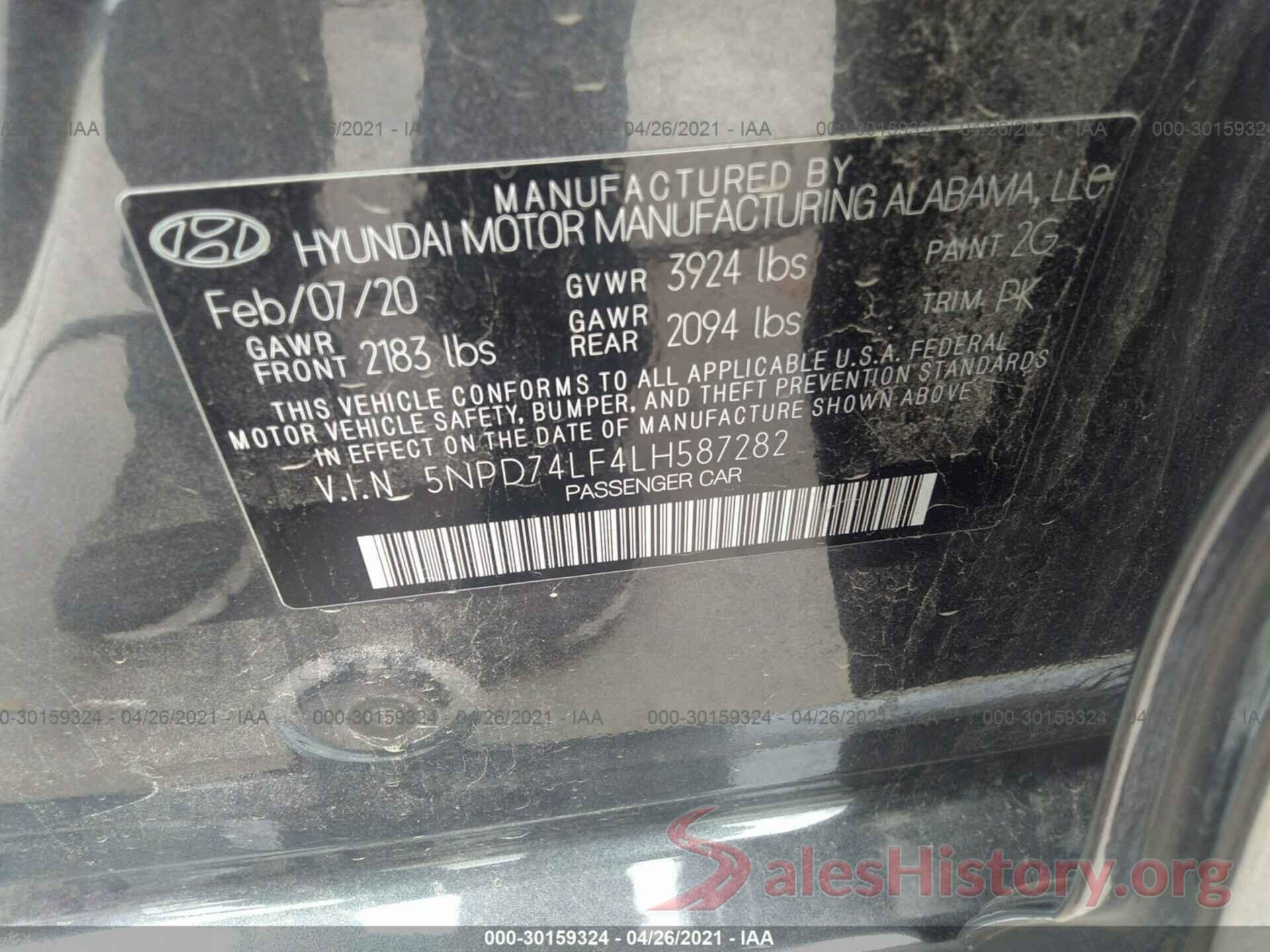 5NPD74LF4LH587282 2020 HYUNDAI ELANTRA