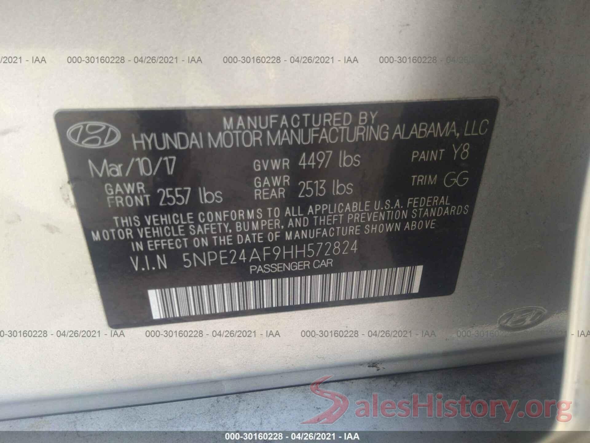 5NPE24AF9HH572824 2017 HYUNDAI SONATA