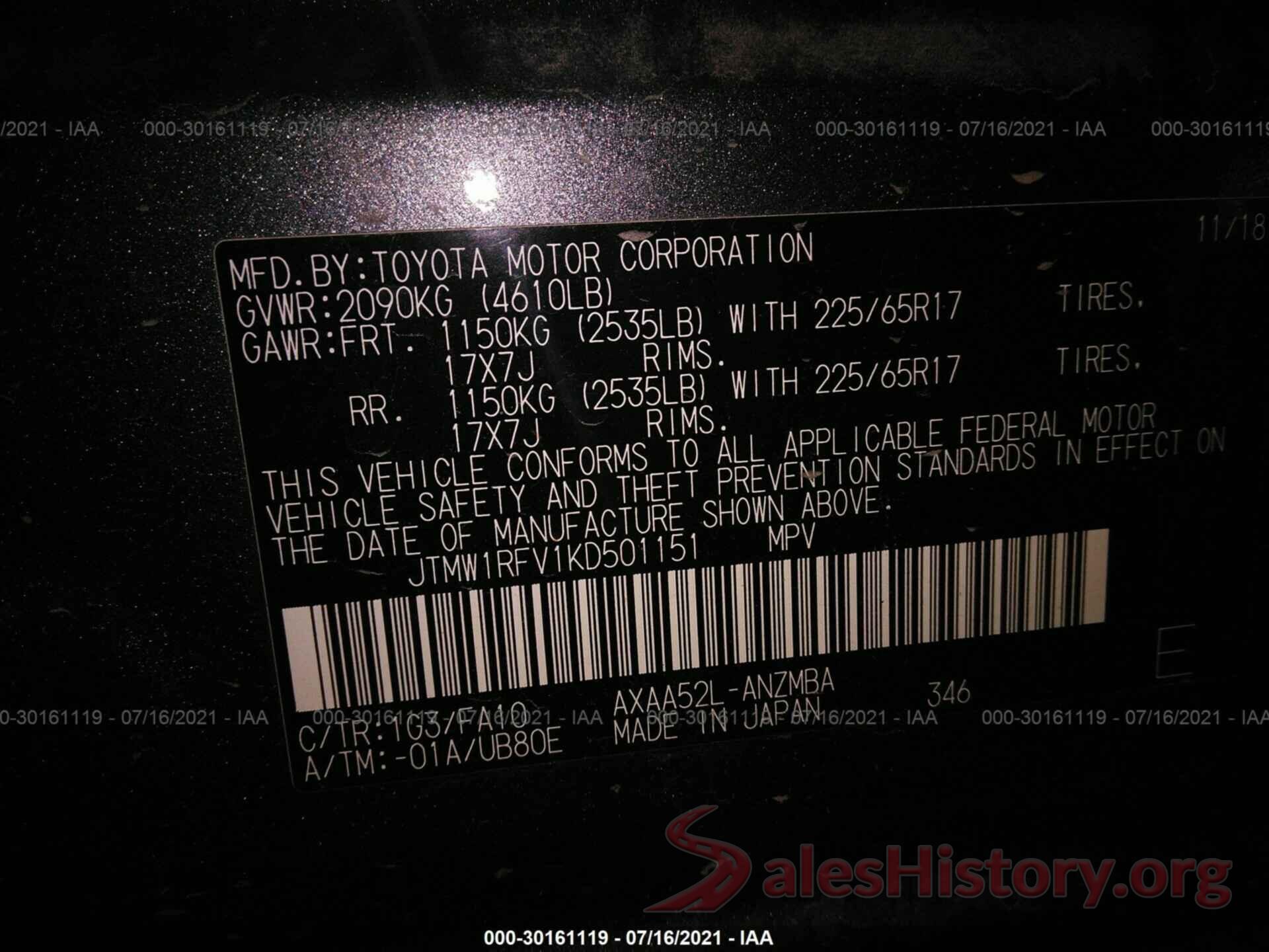 000W1RFV1KD501151 2019 TOYOTA RAV4