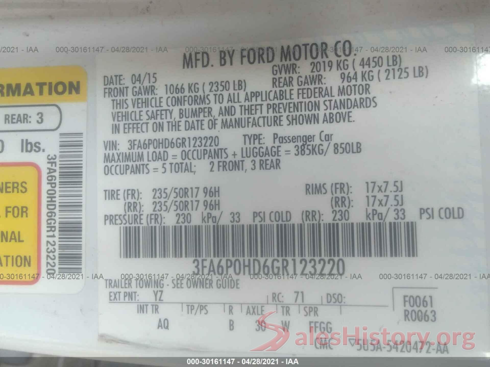 3FA6P0HD6GR123220 2016 FORD FUSION