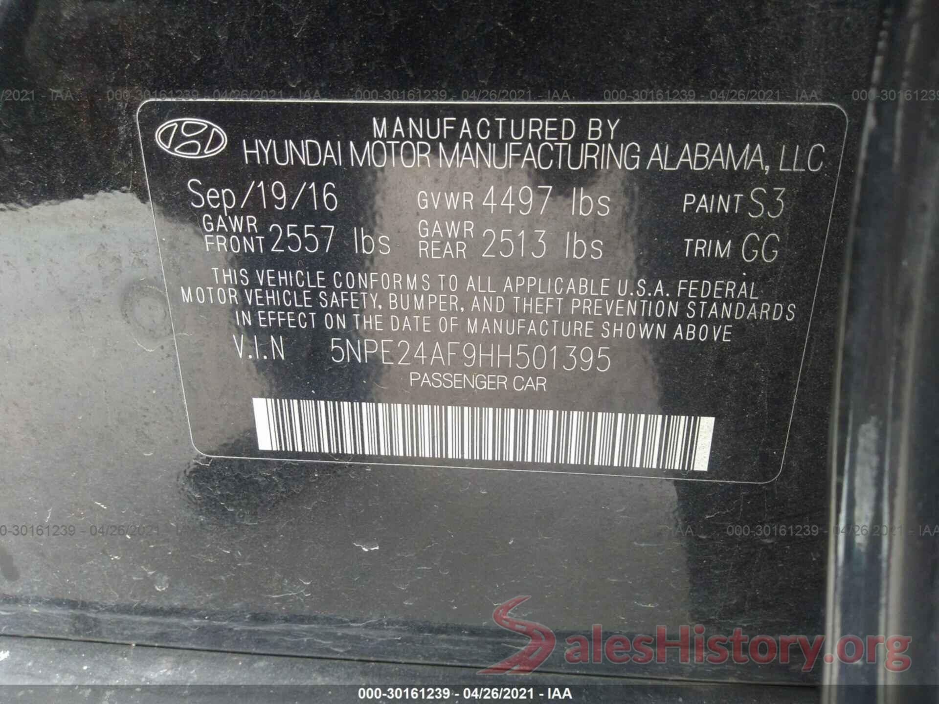 5NPE24AF9HH501395 2017 HYUNDAI SONATA