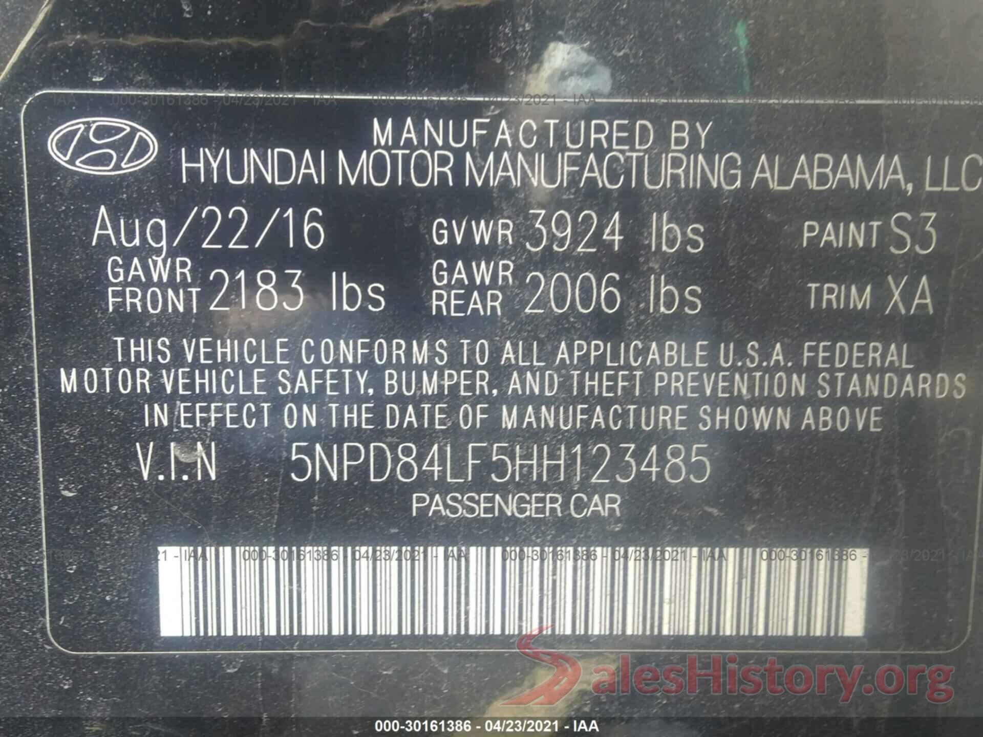 5NPD84LF5HH123485 2017 HYUNDAI ELANTRA