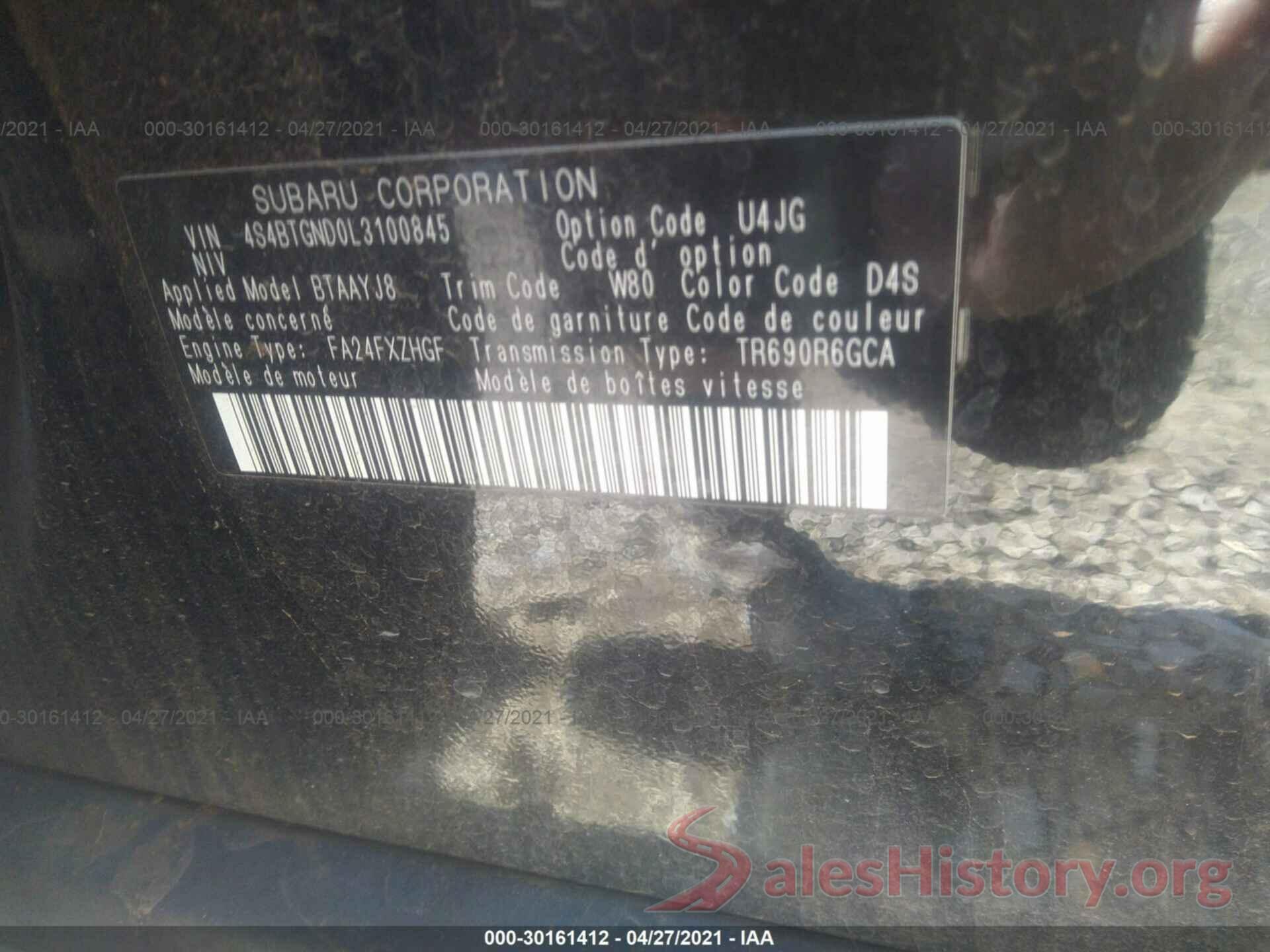 4S4BTGND0L3100845 2020 SUBARU OUTBACK