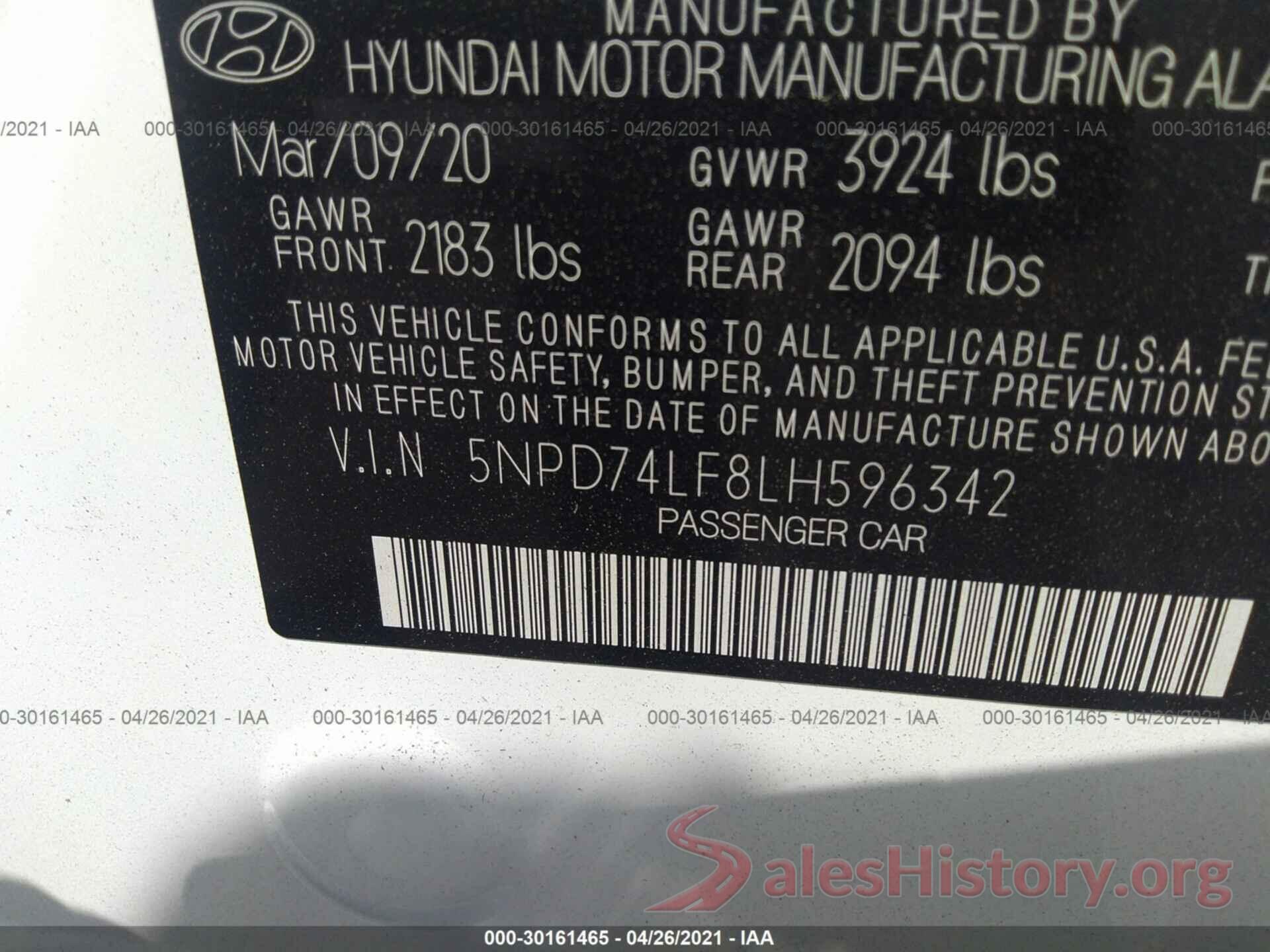 5NPD74LF8LH596342 2020 HYUNDAI ELANTRA