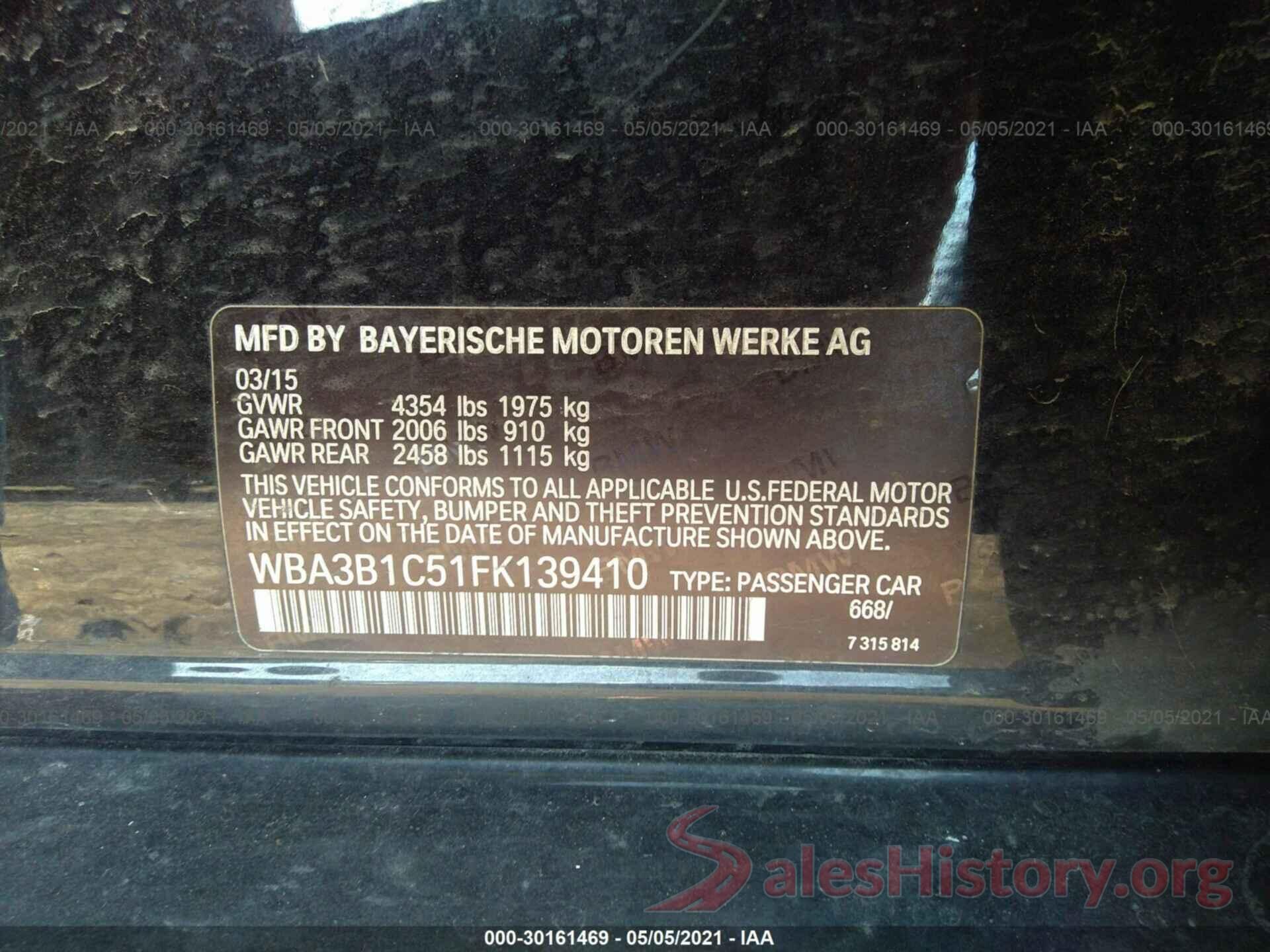 WBA3B1C51FK139410 2015 BMW 3 SERIES