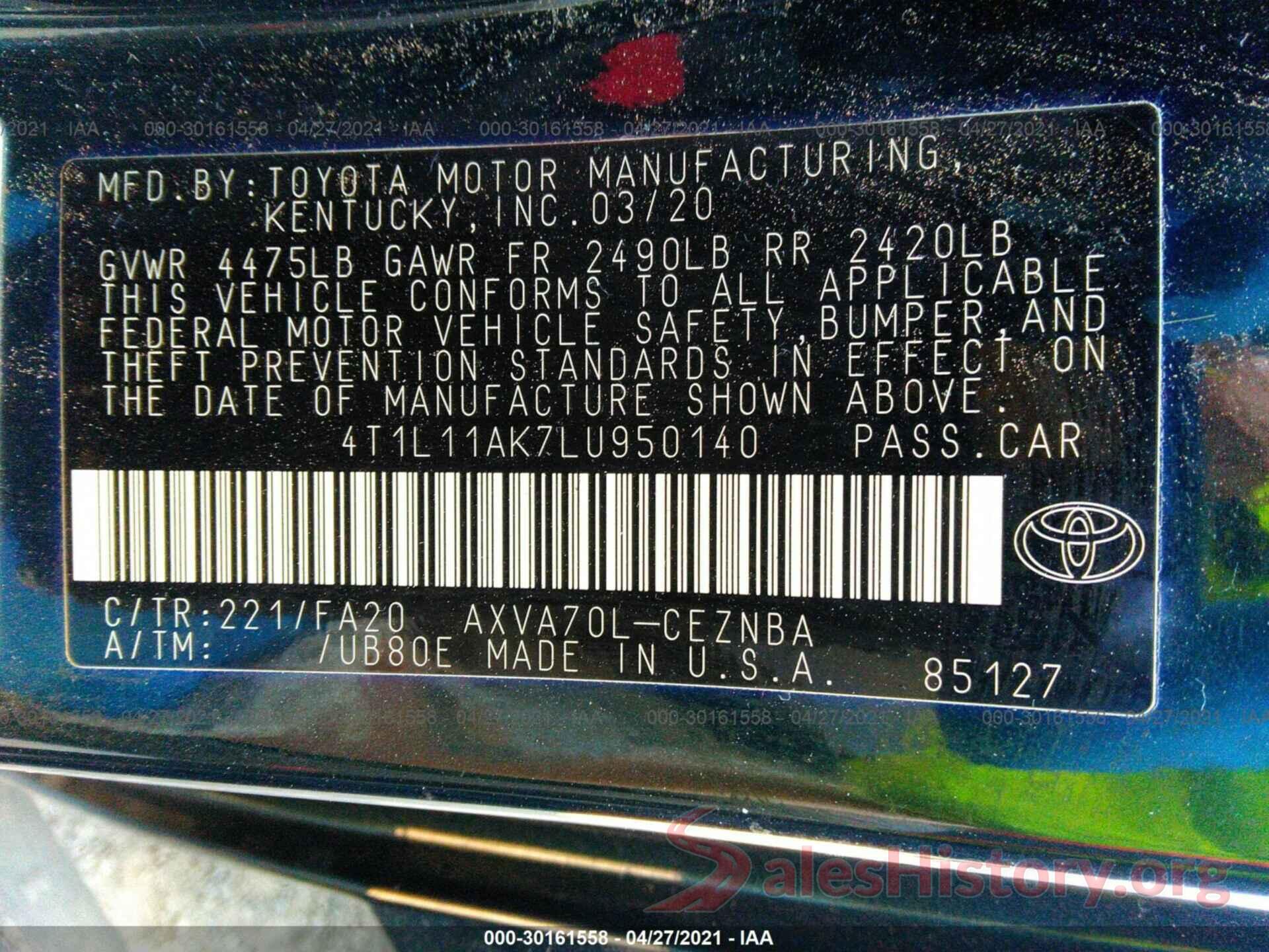 4T1L11AK7LU950140 2020 TOYOTA CAMRY