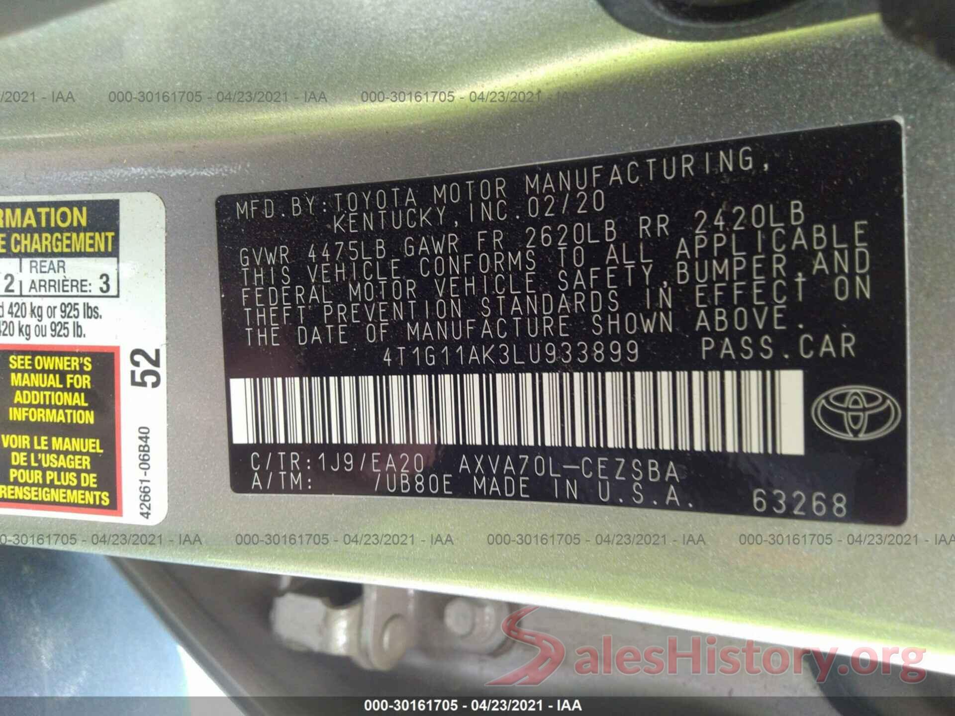 4T1G11AK3LU933899 2020 TOYOTA CAMRY