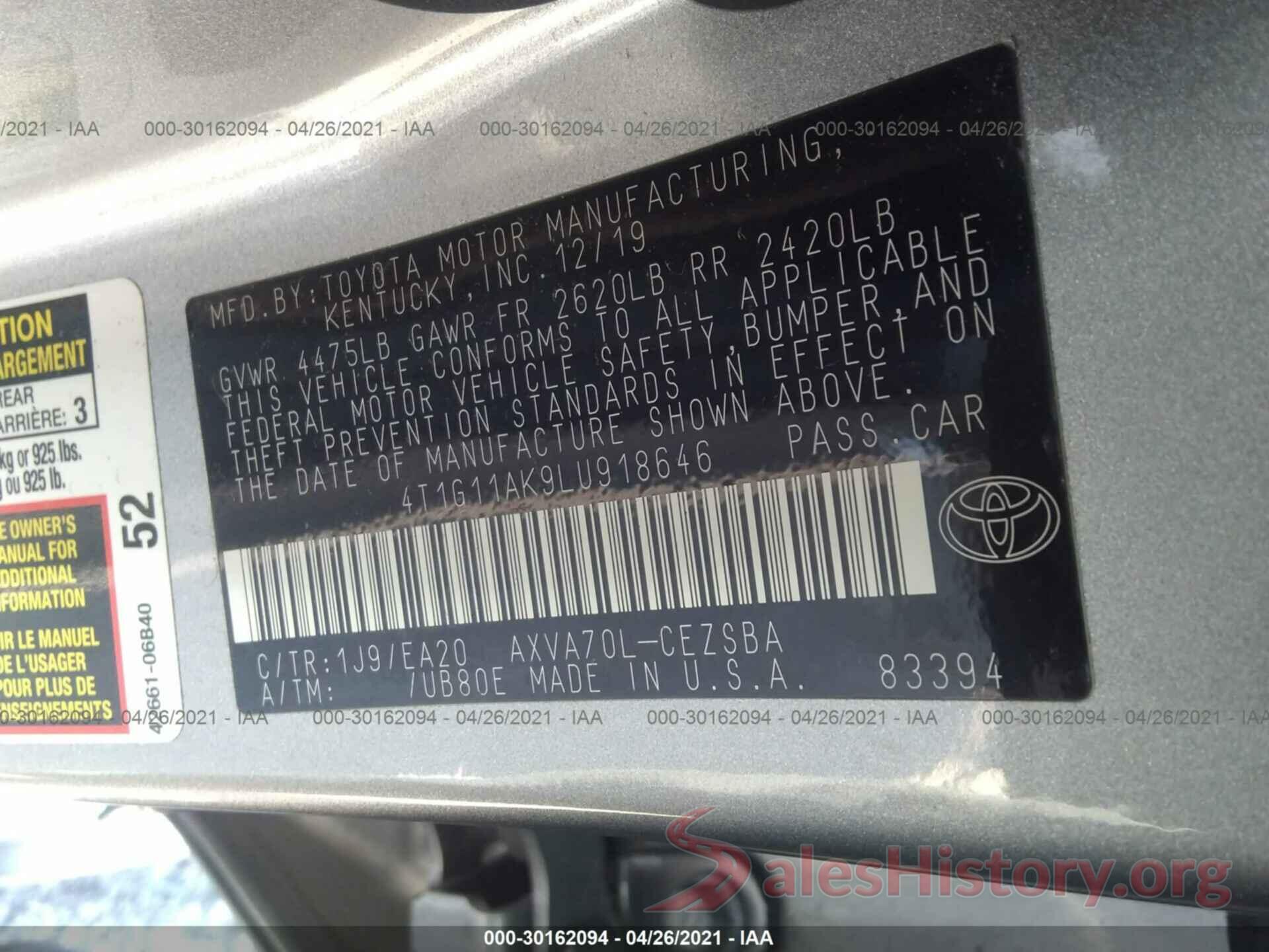 4T1G11AK9LU918646 2020 TOYOTA CAMRY