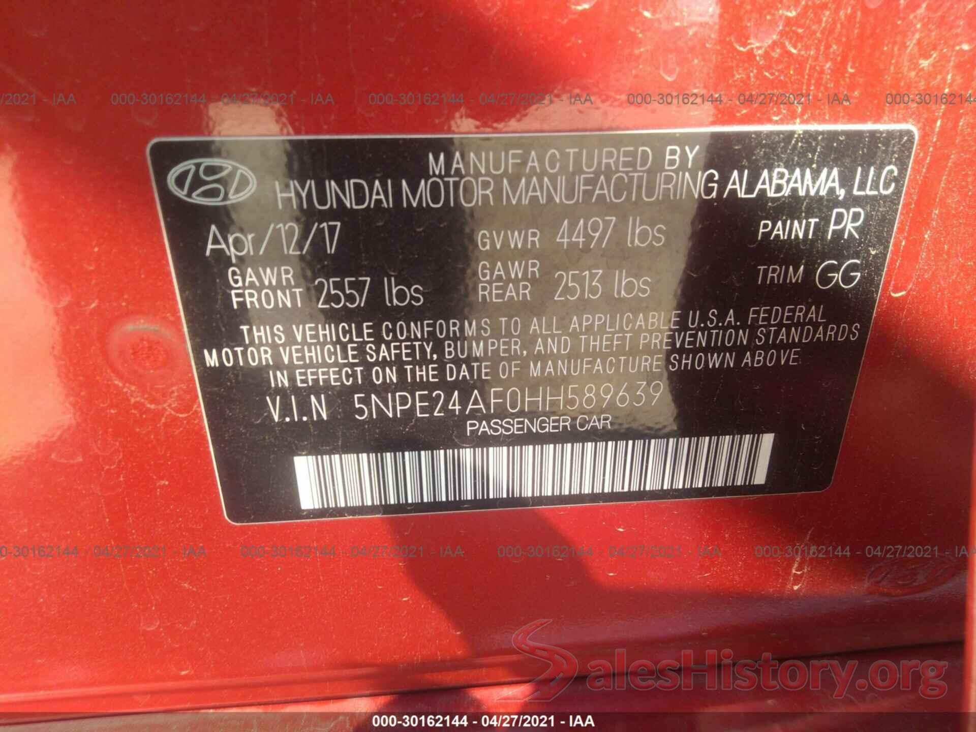 5NPE24AF0HH589639 2017 HYUNDAI SONATA