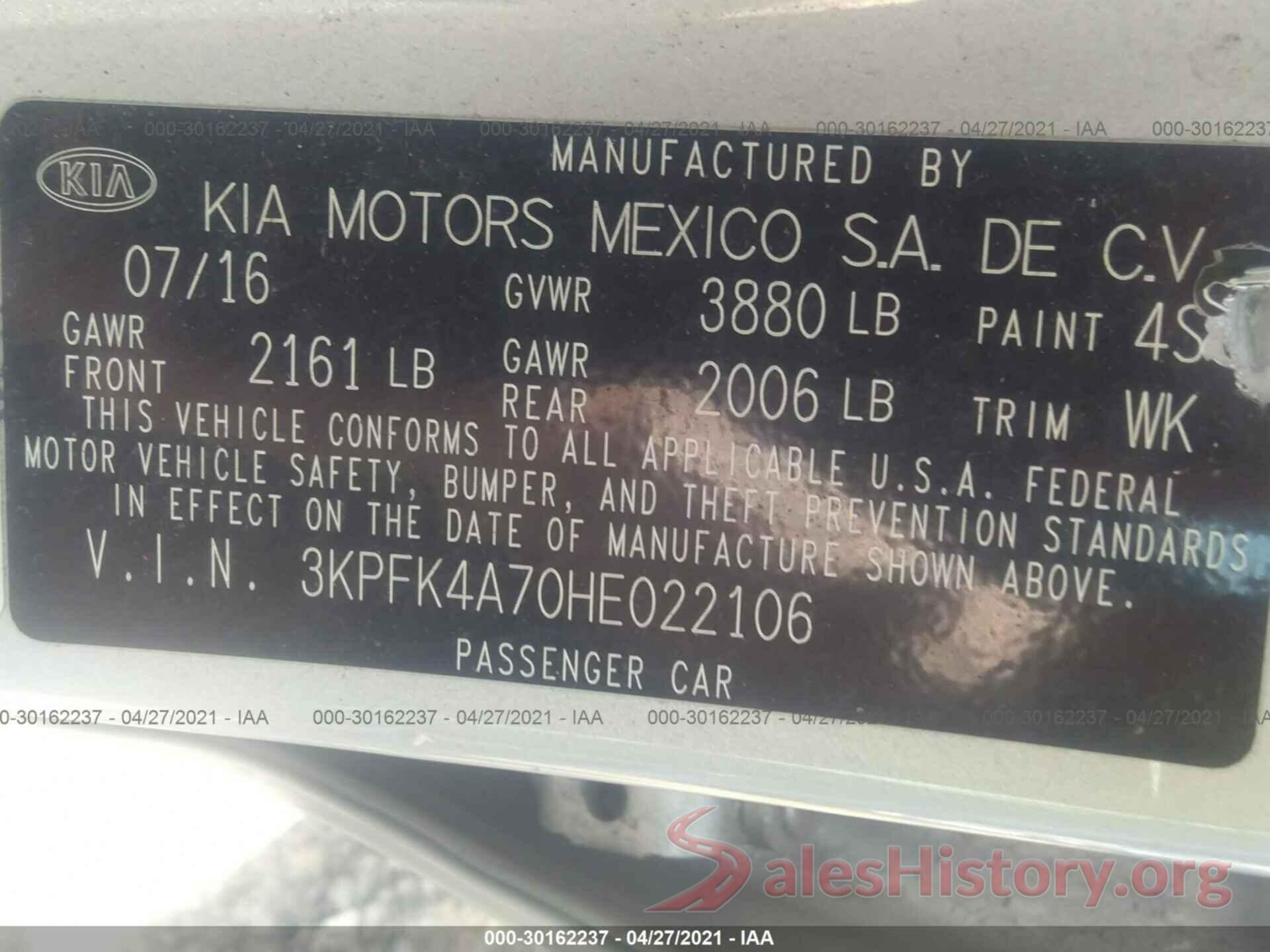 3KPFK4A70HE022106 2017 KIA FORTE