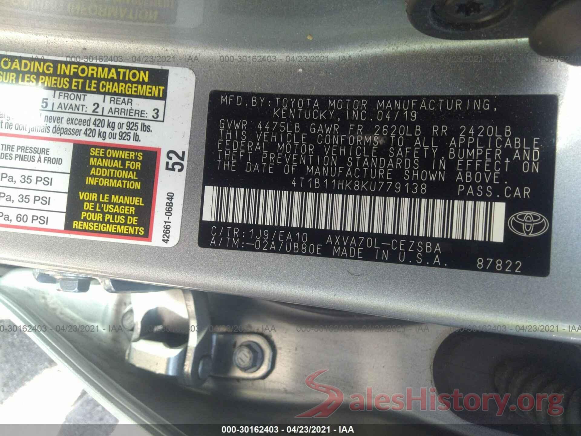 4T1B11HK8KU779138 2019 TOYOTA CAMRY