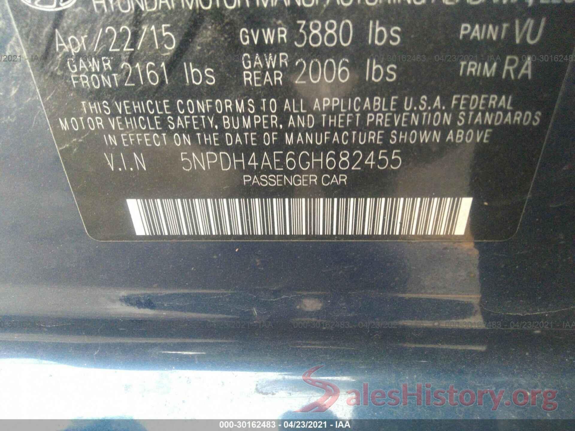 5NPDH4AE6GH682455 2016 HYUNDAI ELANTRA