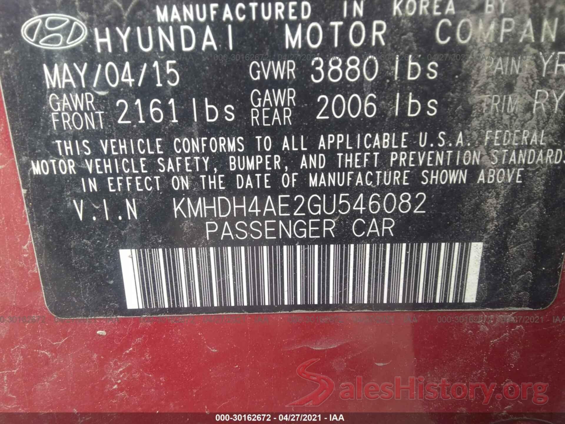 KMHDH4AE2GU546082 2016 HYUNDAI ELANTRA