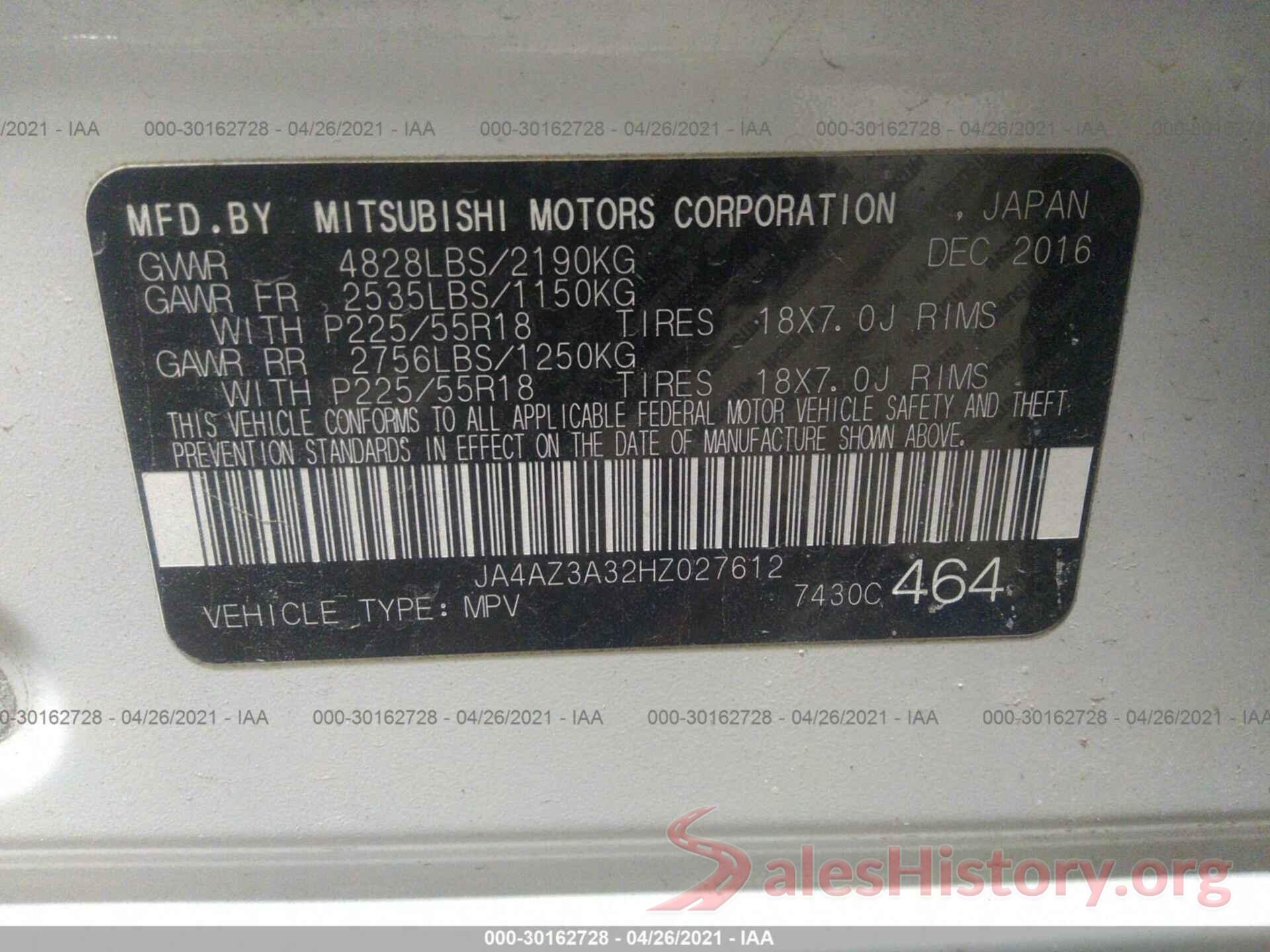 JA4AZ3A32HZ027612 2017 MITSUBISHI OUTLANDER