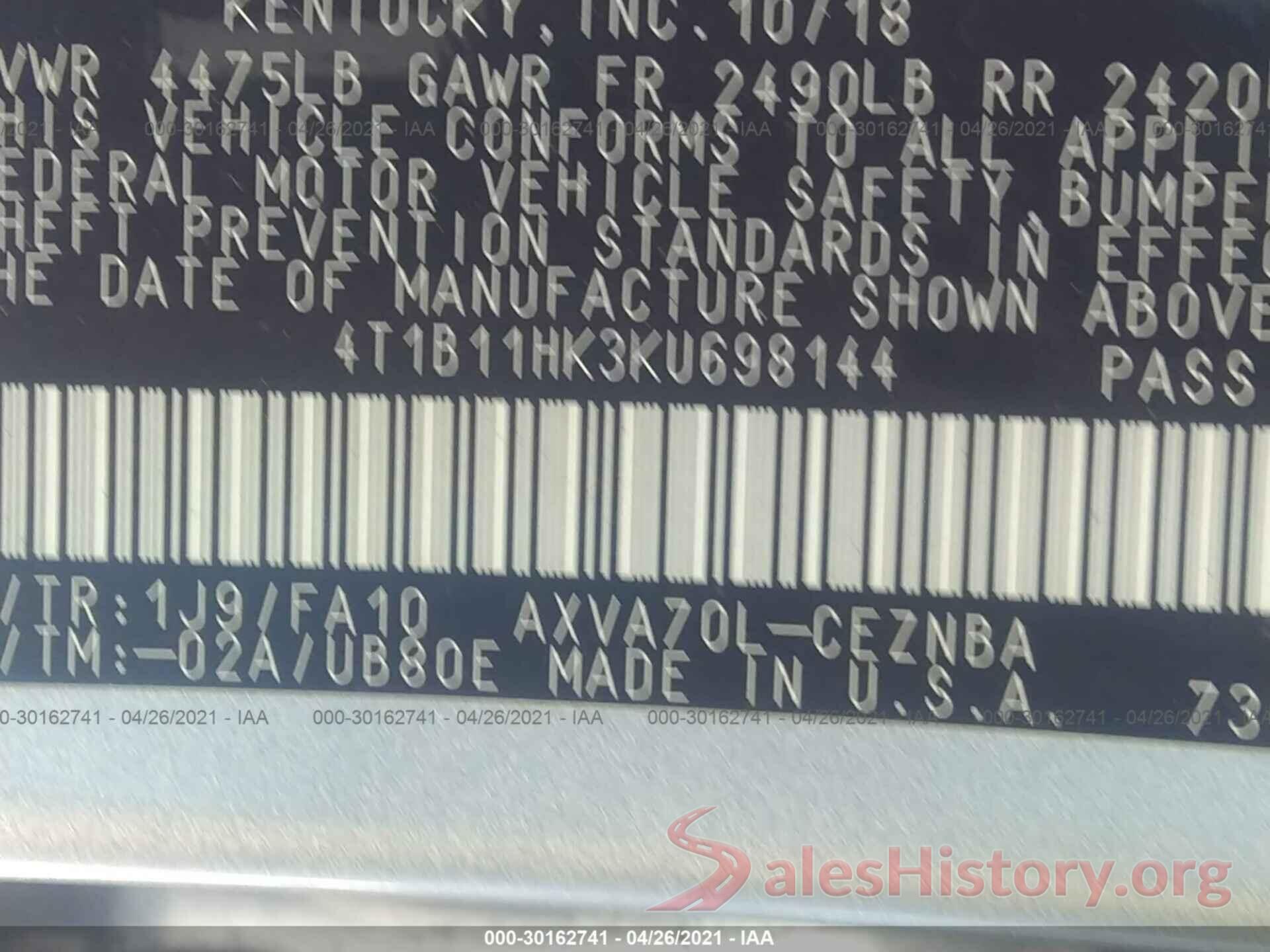 4T1B11HK3KU698144 2019 TOYOTA CAMRY