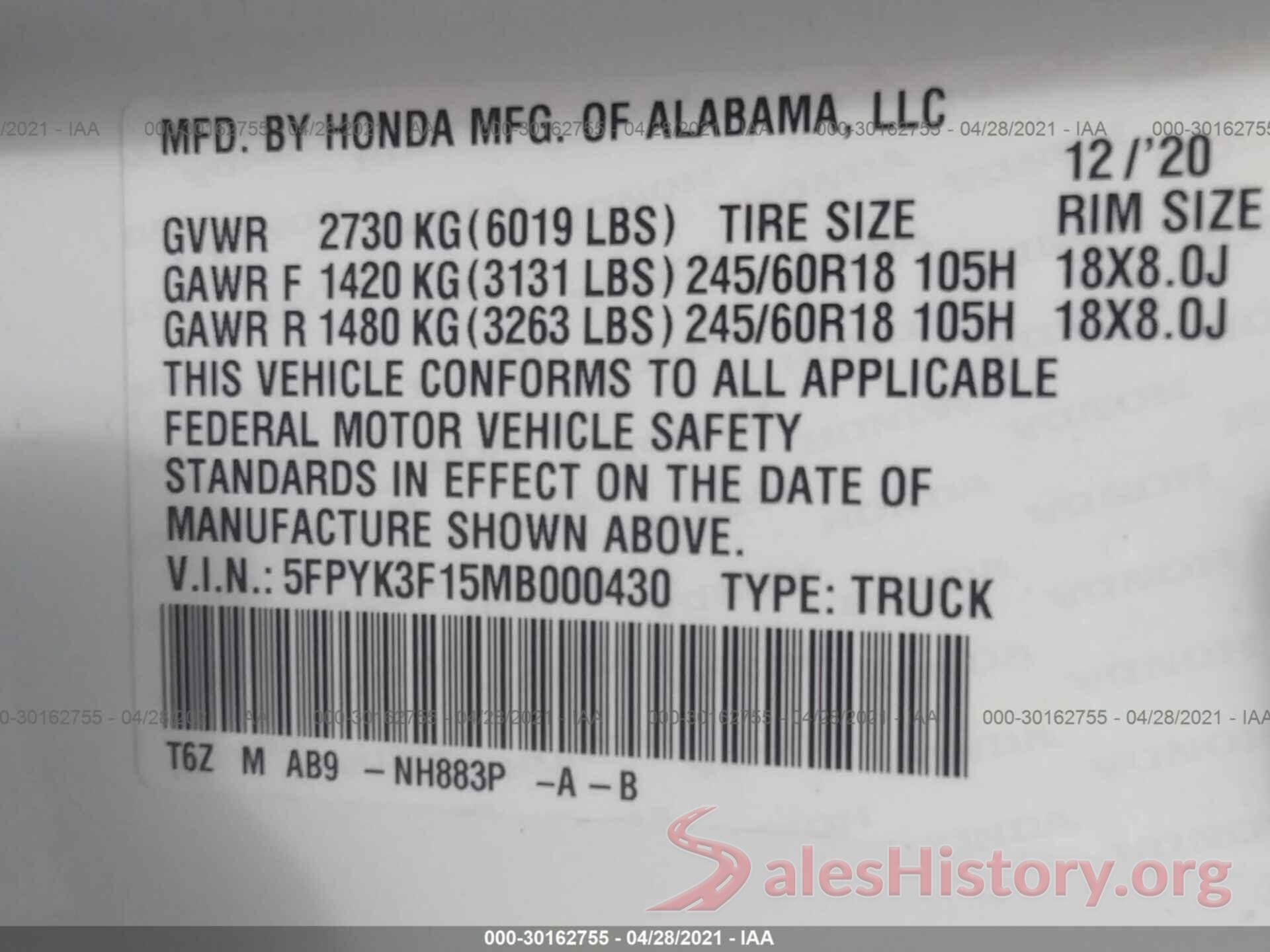 5FPYK3F15MB000430 2021 HONDA RIDGELINE