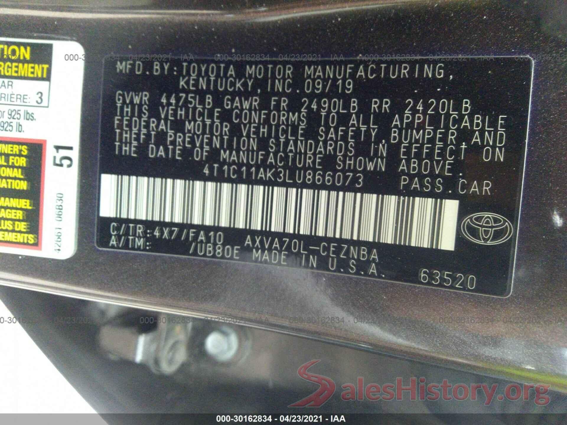 4T1C11AK3LU866073 2020 TOYOTA CAMRY