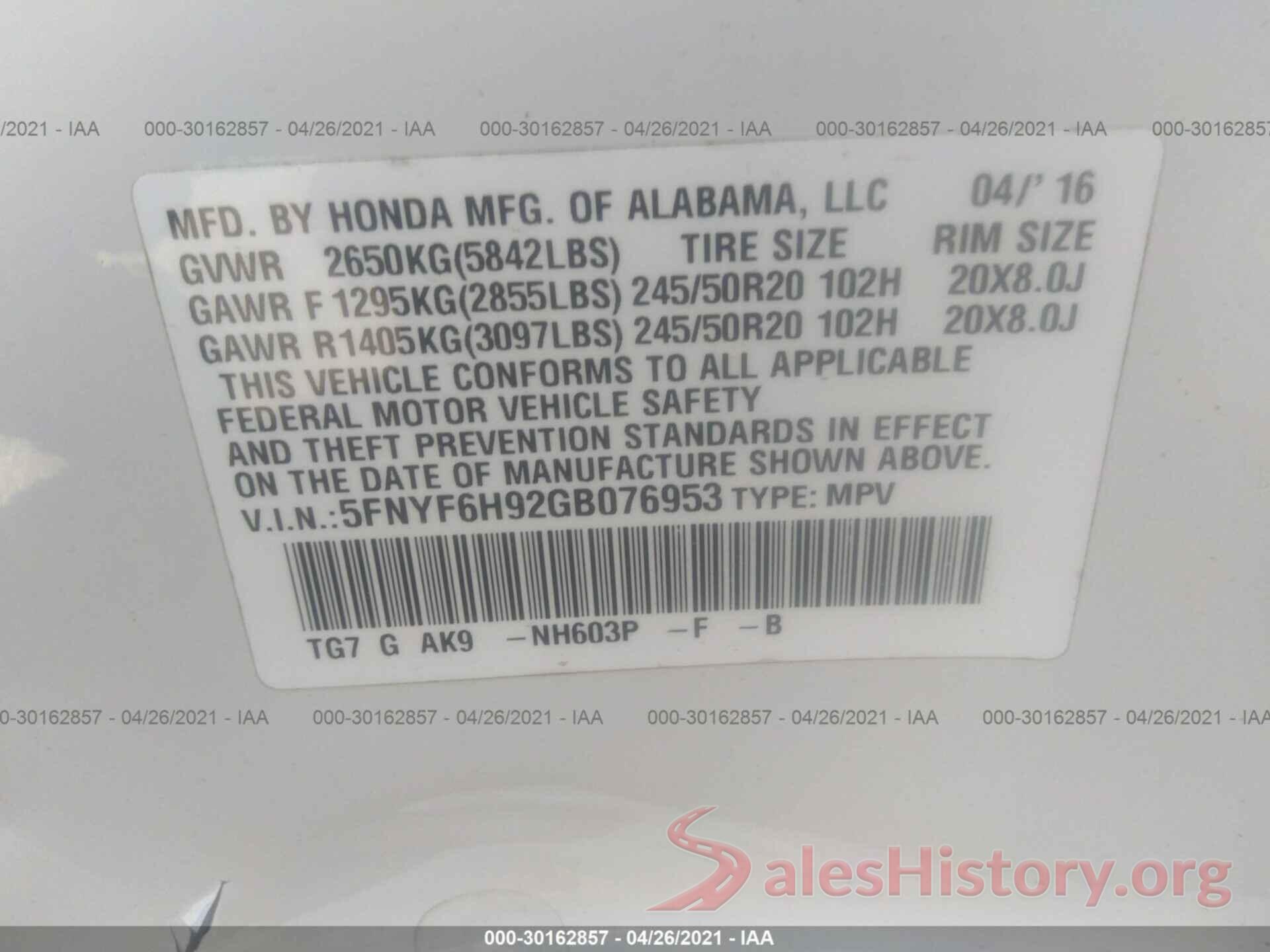 5FNYF6H92GB076953 2016 HONDA PILOT