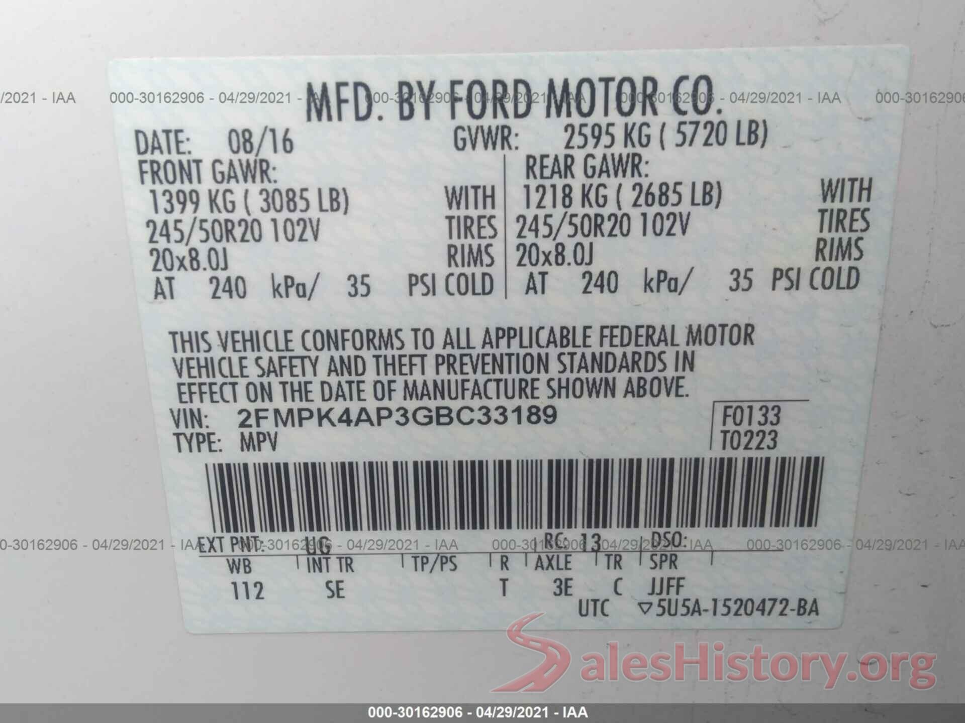 2FMPK4AP3GBC33189 2016 FORD EDGE