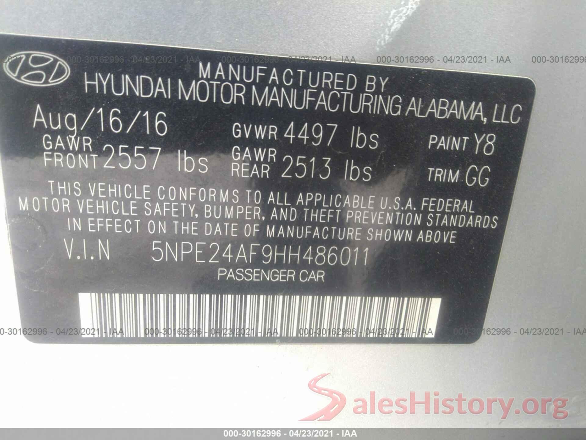 5NPE24AF9HH486011 2017 HYUNDAI SONATA