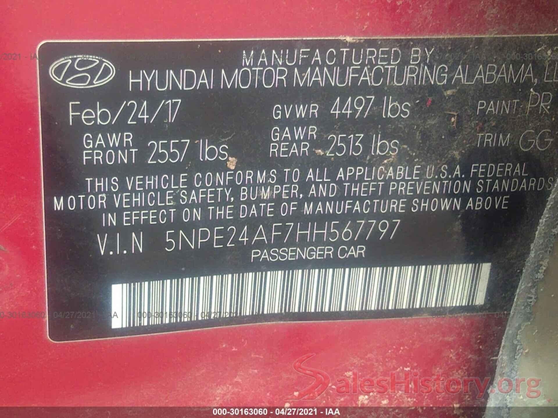 5NPE24AF7HH567797 2017 HYUNDAI SONATA