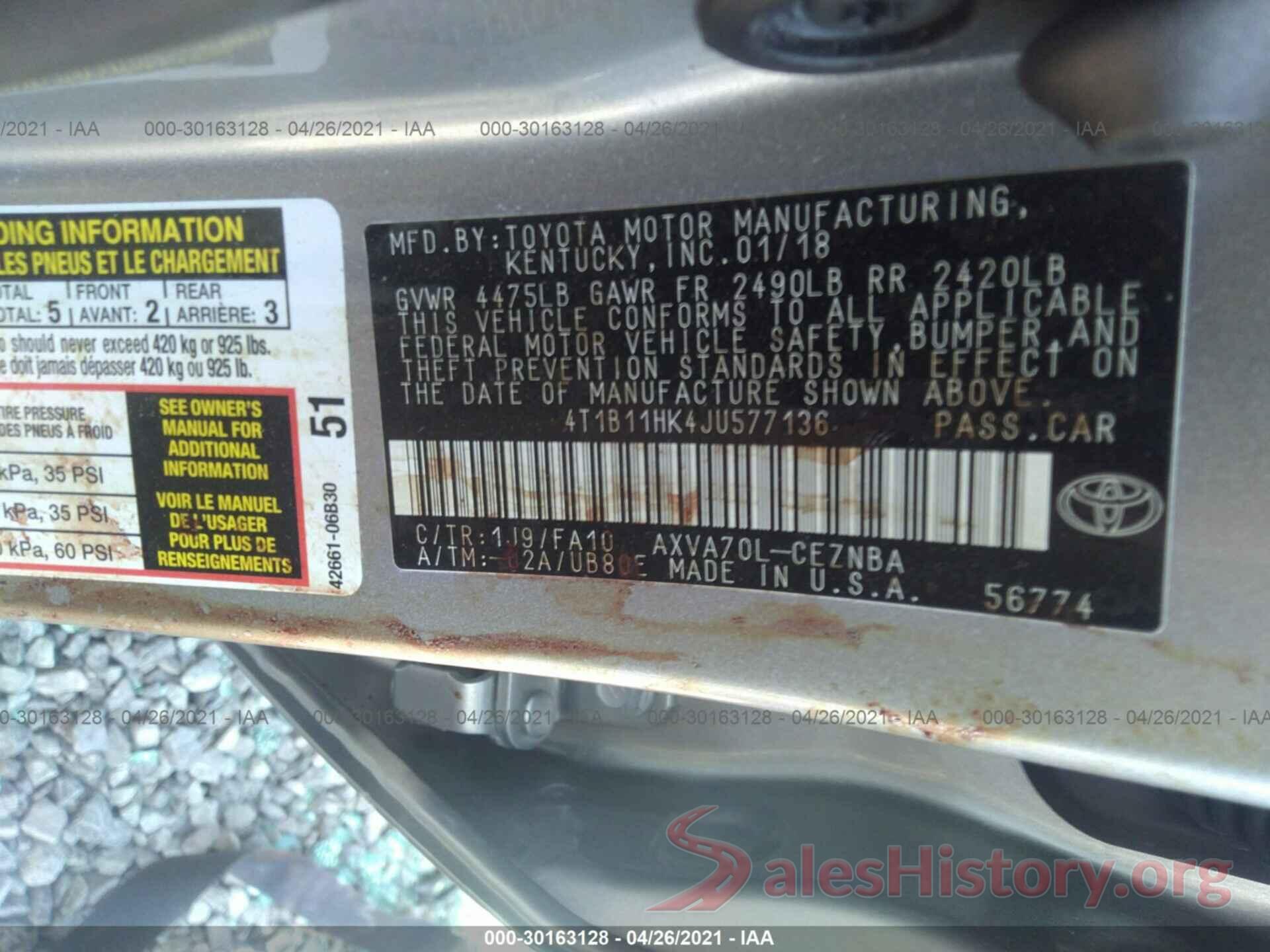 4T1B11HK4JU577136 2018 TOYOTA CAMRY