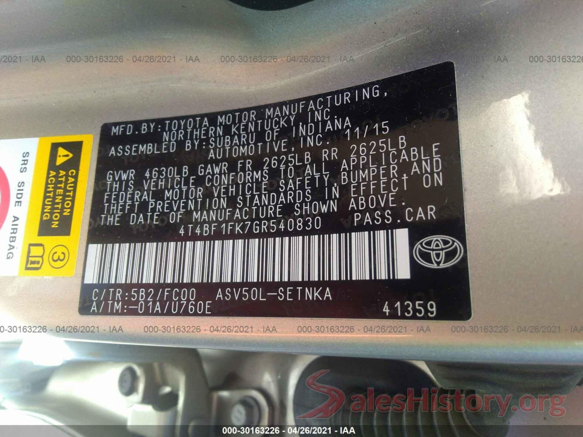 4T4BF1FK7GR540830 2016 TOYOTA CAMRY