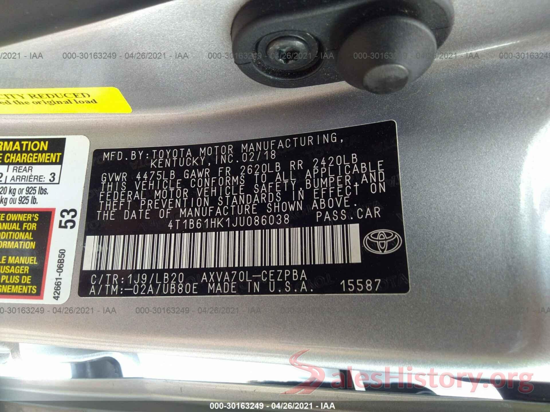 4T1B61HK1JU086038 2018 TOYOTA CAMRY