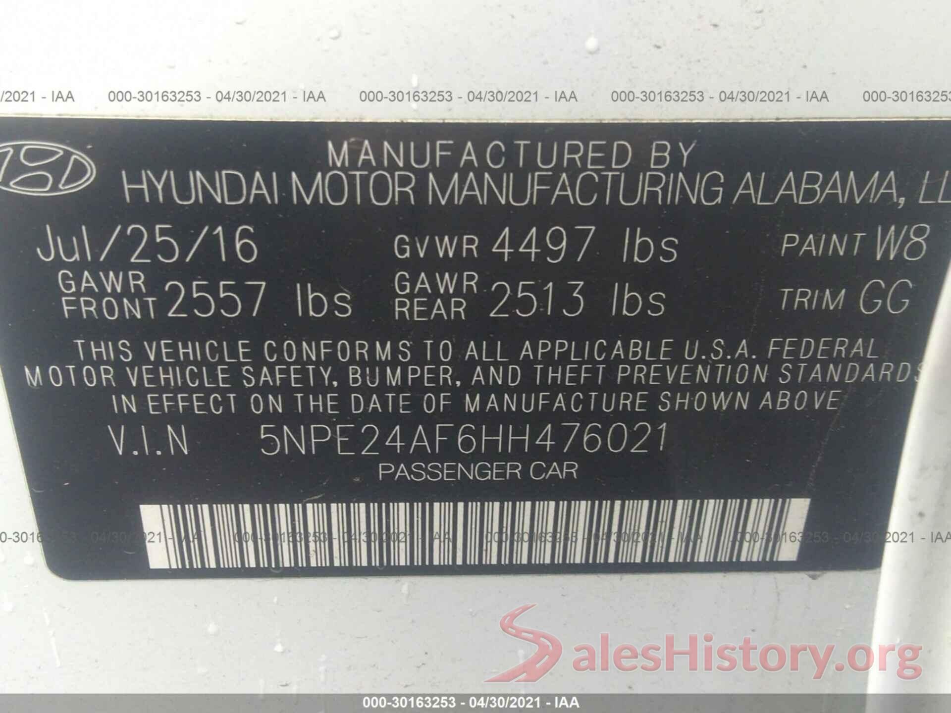 5NPE24AF6HH476021 2017 HYUNDAI SONATA